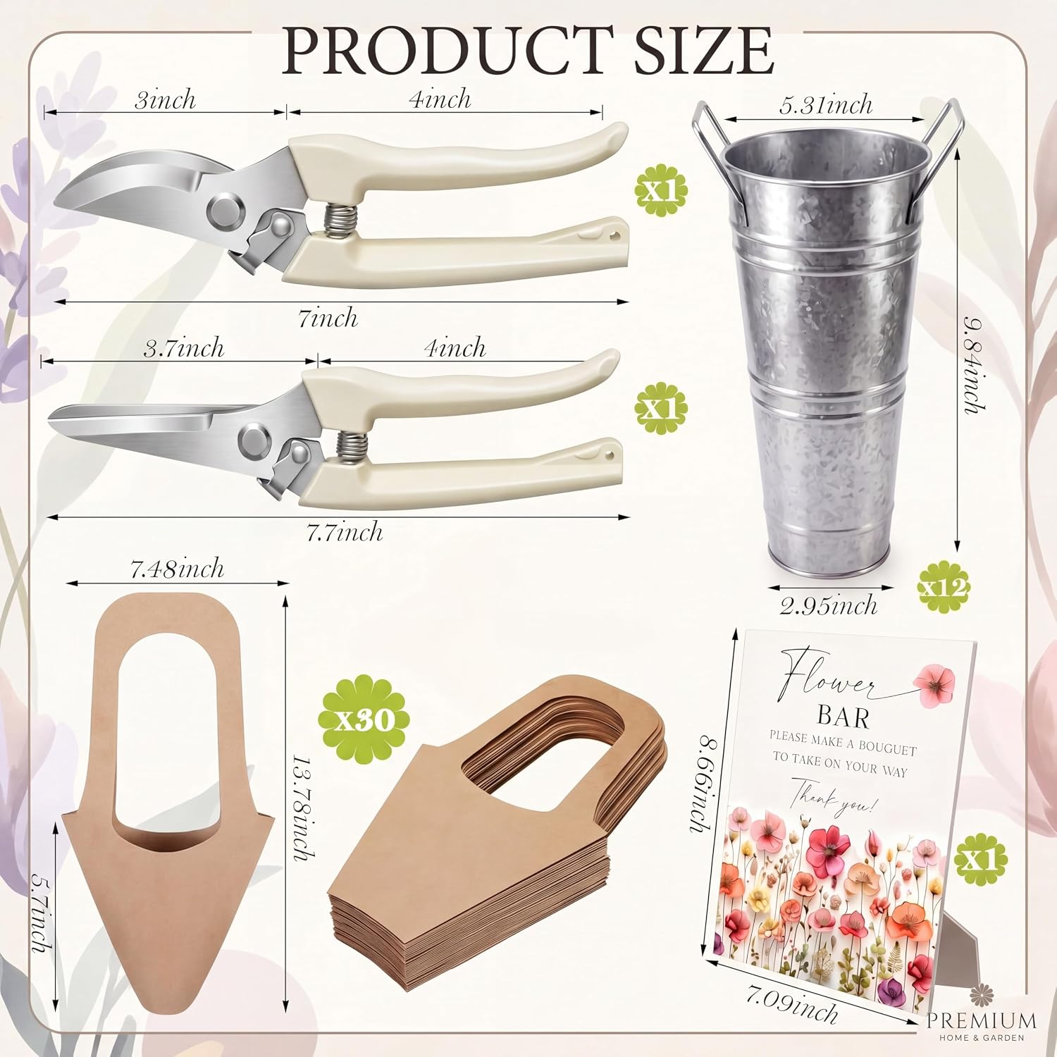 LEIFIDE Flower Bar Buckets Set Kit Bloom Bar Supplies Include Wood Sign Gift Bags Iron Bucket Garden Flower Shears for Wedding Bridal Shower Graduation Birthday Table Centerpieces(45 Pcs,Silver)