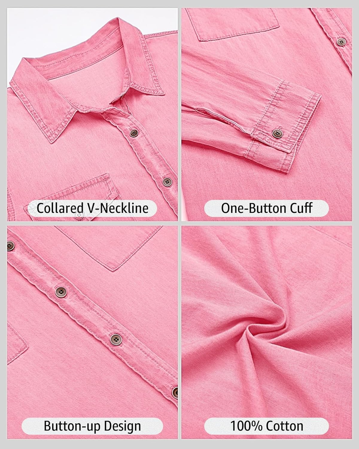 Vetinee Women's Button Down Denim Shirt Collared Casual Long Sleeve Pocket Tops - Image 6