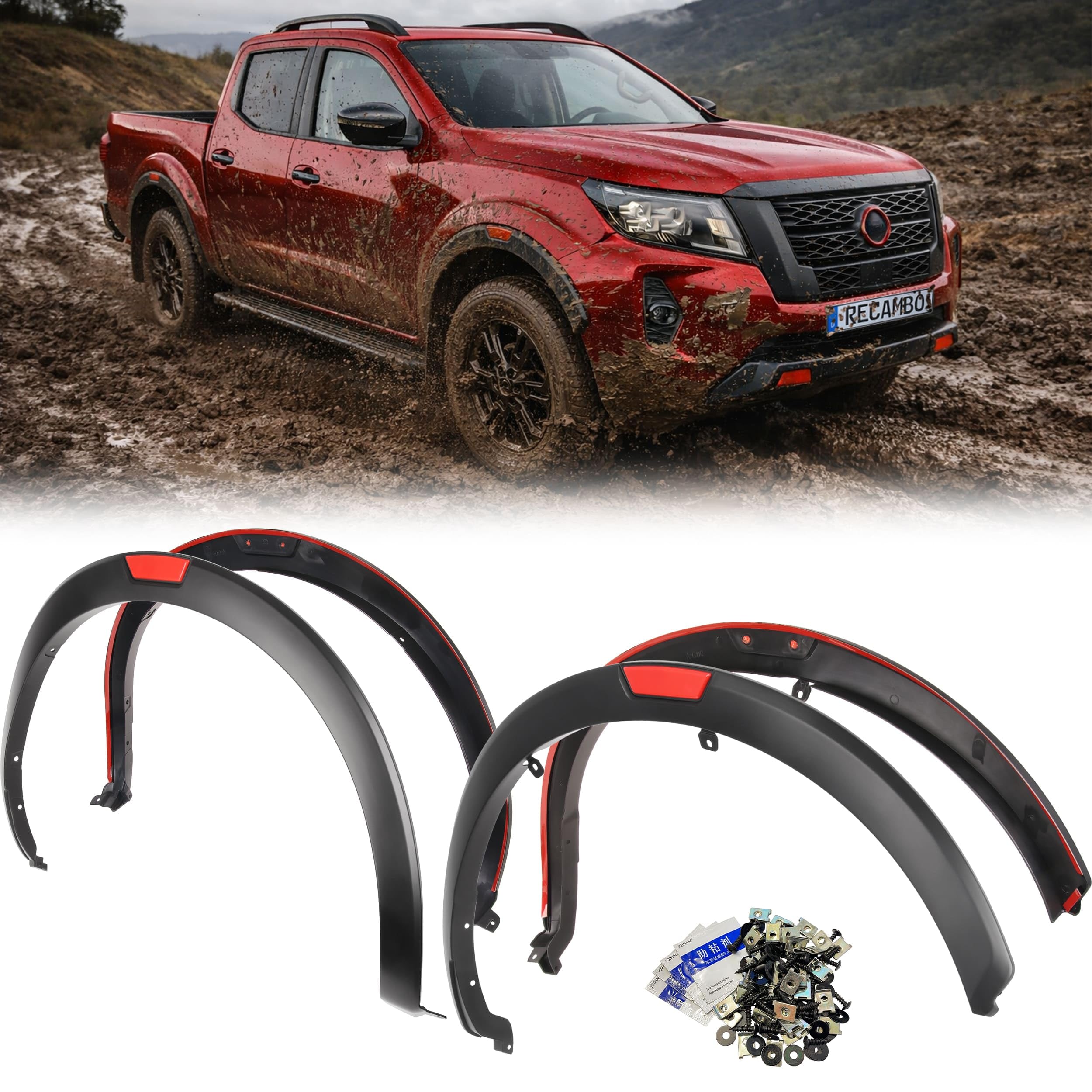 RECAMBO Poszerzenie nadkola poszerzenie błotnika pasuje do Nissan Navara NP300 | D23 | rok produkcji od 2021 > 4-częściowy zestaw ABS - listwy nadkolowe przód tył czarny matowy karoseria część
