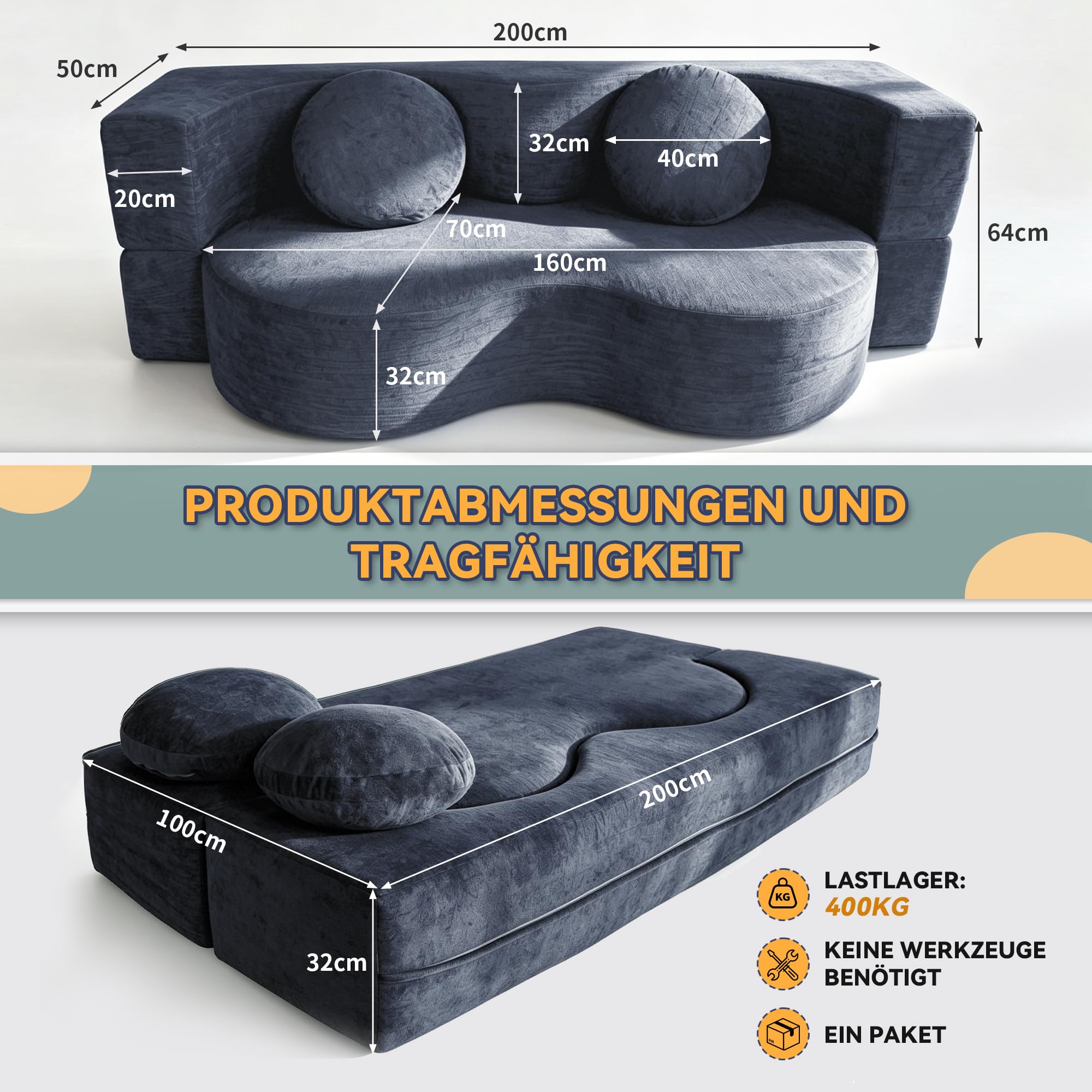 Schlafsofa 200cm Breit, Bodensofa Bed mit Pillow Back Support Armrest mit Kuscheliger Chenille-Stoff, 3-Sitzer Sofa mit Schlaffunktion für Wohnzimmer, Apartment, Schlafzimmer, Blaugrau
