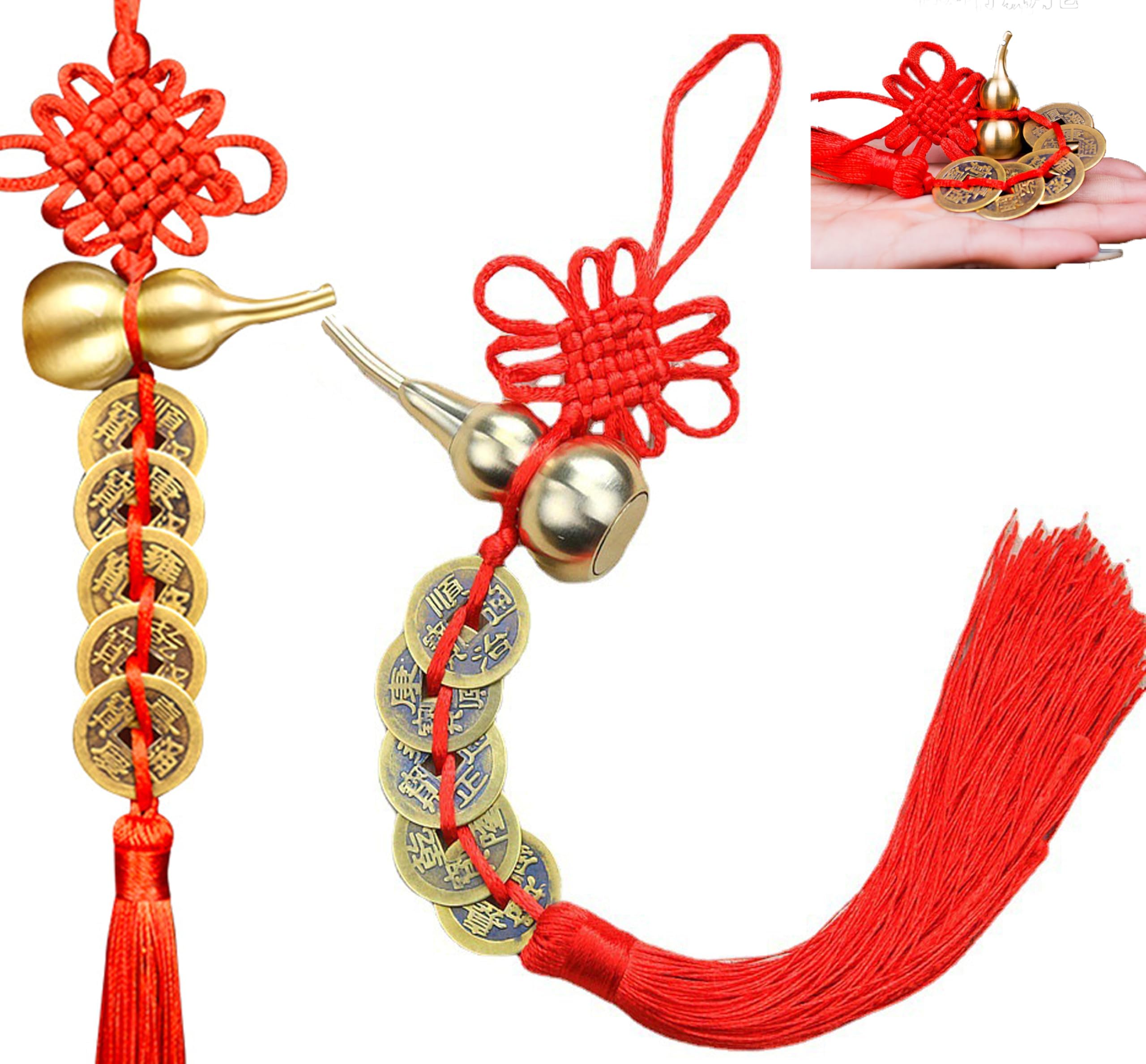 2PCS Feng Shui Good Luck Charms (Metal Gourd with 5 Coins) As Blessing Gifts Bring Health Success Peaceful and Wealth Suitable for Car Furniture,Bag,Home,Office Other Scenes