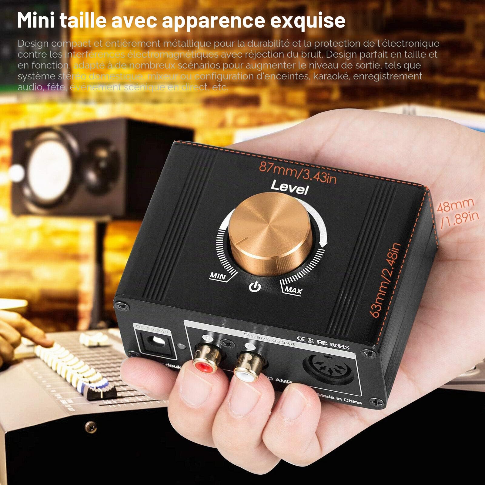 Mini amplificateur de niveau de ligne stéréo pour MP3, iPod, iPad, iPhone, gain 20 dB + contrôle du volume