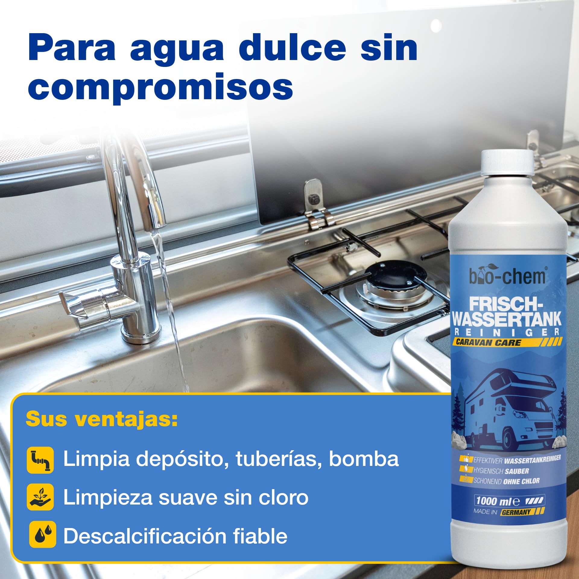 Bio-Chem - Set de 3 Productos de Limpieza para aseos higiénicos de autocaravanas - Limpiador para depósitos de Agua Dulce de caravanas - Limpiador para Aguas Grises - Líquido Sanitario