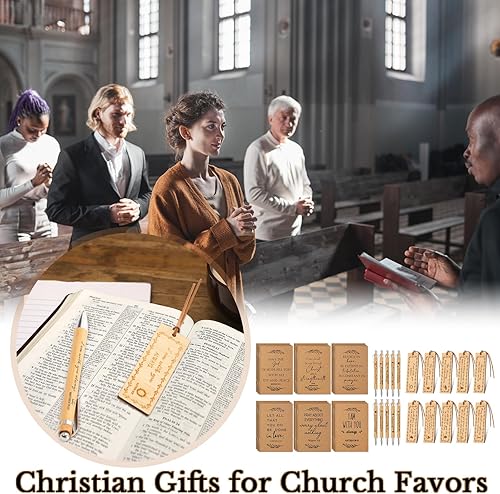 Miniatura 6 de Fuutreo 90 unidades de regalos cristianos a granel con 30 versículos bíblicos, 30 bolígrafos de bambú y marcadores religiosos, bloc de notas