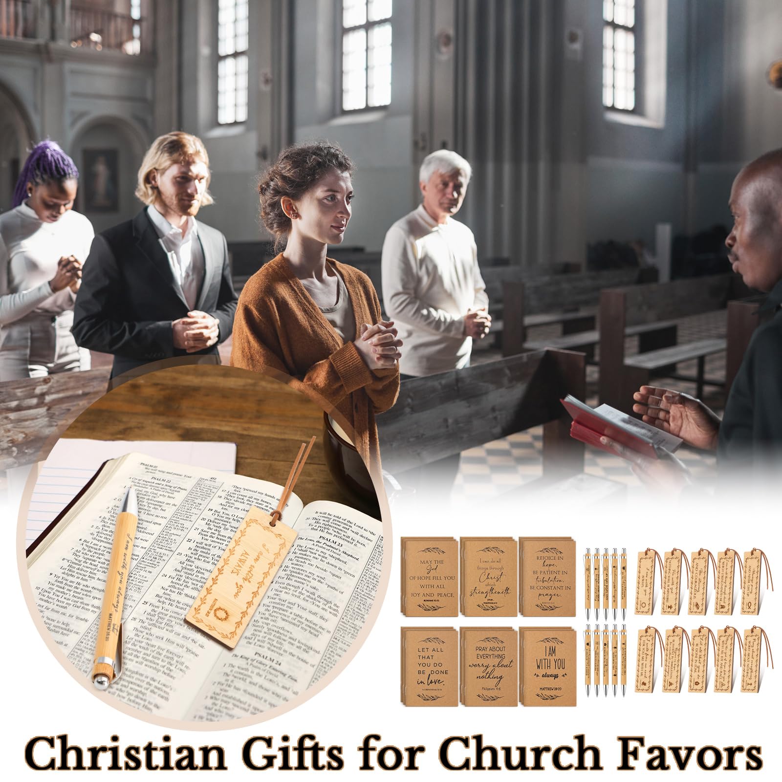 Fuutreo 150 Stück christliches Geschenk, Großpackung mit 50 Bibelversen, Notizbuch, 50 Bambusstifte, 50 religiöse Lesezeichen, christlicher Notizblock, Gebetstagebuch, Geschenk, Kirche, Pastor, Klerus