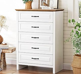 Marsail 5 Drawer Dresser for Bedroom, Modern Farmhouse Wood Wide Chest of Drawers, Storage Dressers Organizer with Anti-Slip Kit for Living Room, Bedroom & Hallway, Wood White