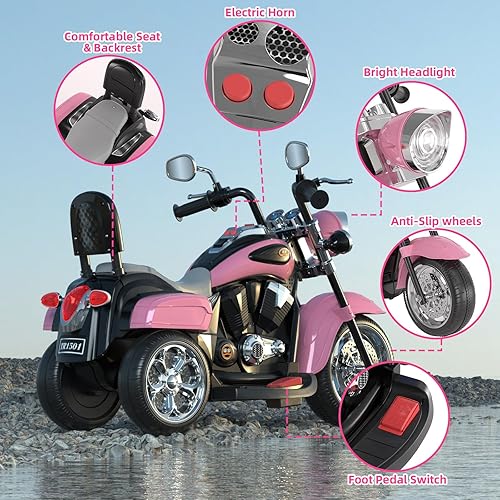 Miniatura 4 de XJD Motocicleta eléctrica para niños, batería de 6V con claxon y faro, certificada ASTM, juguete de 3 ruedas para montar para niños, motocicleta Rosa