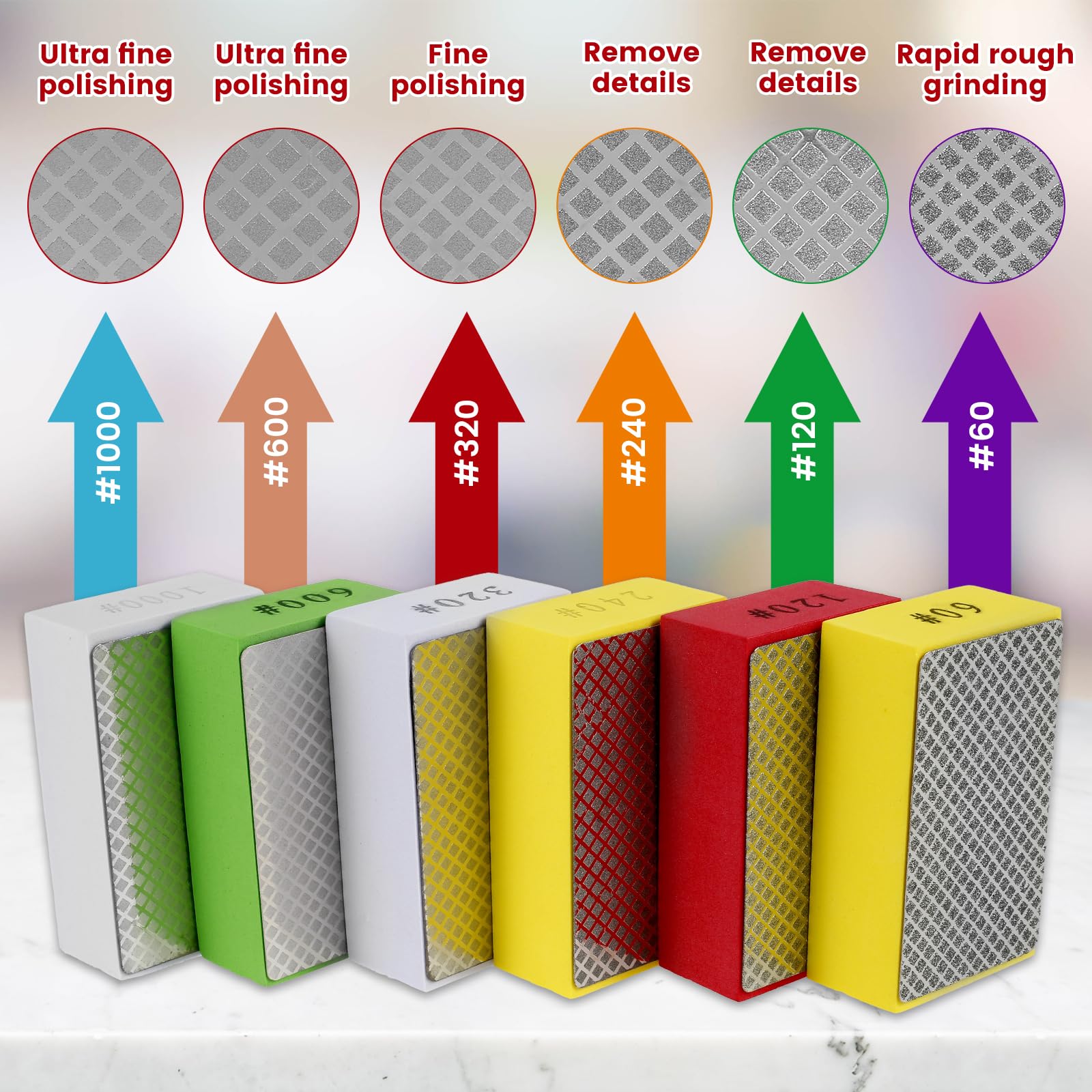 MABCIRY 6PCS Diamond Hand Polishing Pads Set, 60/120/240/320/600/1000 Grit, Wet Dry Diamond Sanding Block Sponge Backing, Reusable Diamond Sanding Pad for Stone Glass Tile Metal