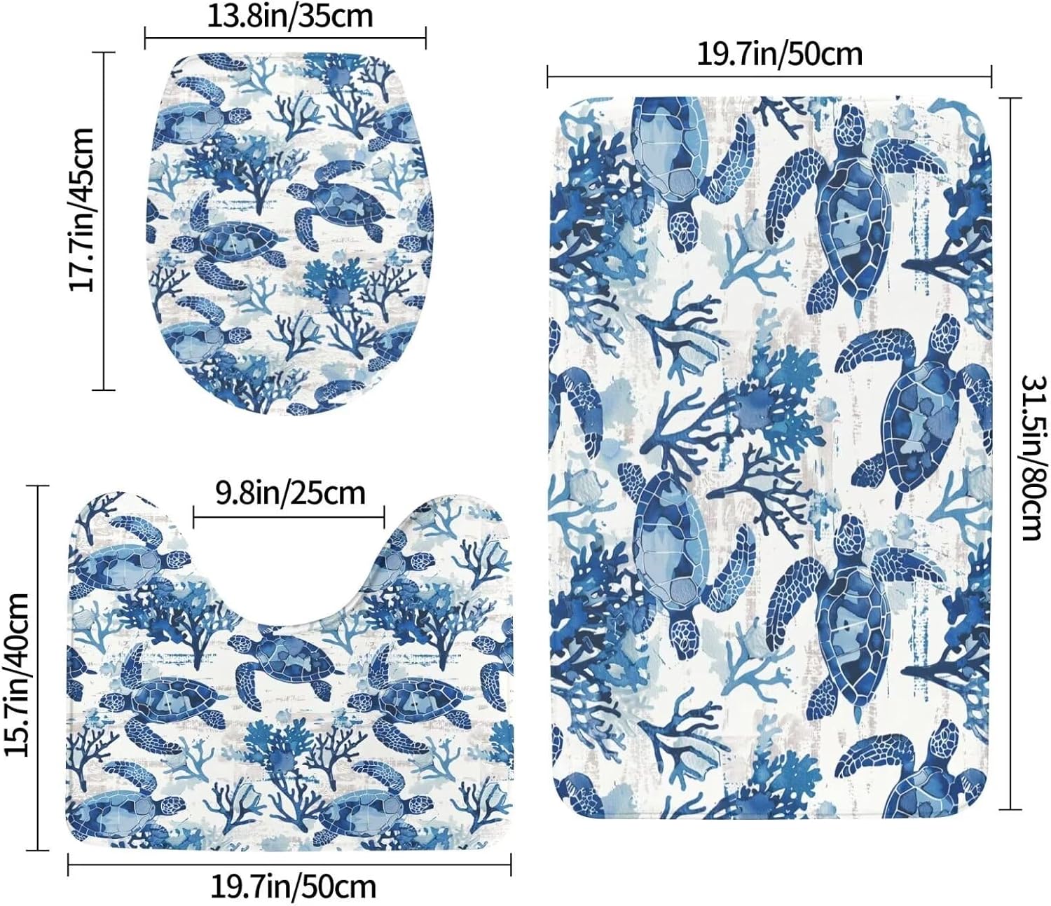 Bathroom Rugs Sets 3 Piece Blue Sea Turtle Print Bath Mats, Extra Soft Plush Bath Rugs with U-Shaped Contour Toilet Mat Non-Slip Absorbent Bathroom Mats Cartoon Machine Washable Home Decor