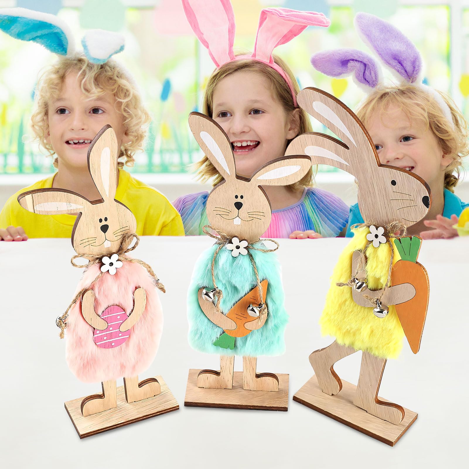 kaiwern Easter Wooden Bunny Standing Tabletop Ornament Rabbit Sign Tabletop Ornament Rabbit Ornament Bunny Spring Decor Easter Wood Tabletop Ornament (A-2pcs) (Pink+Green)