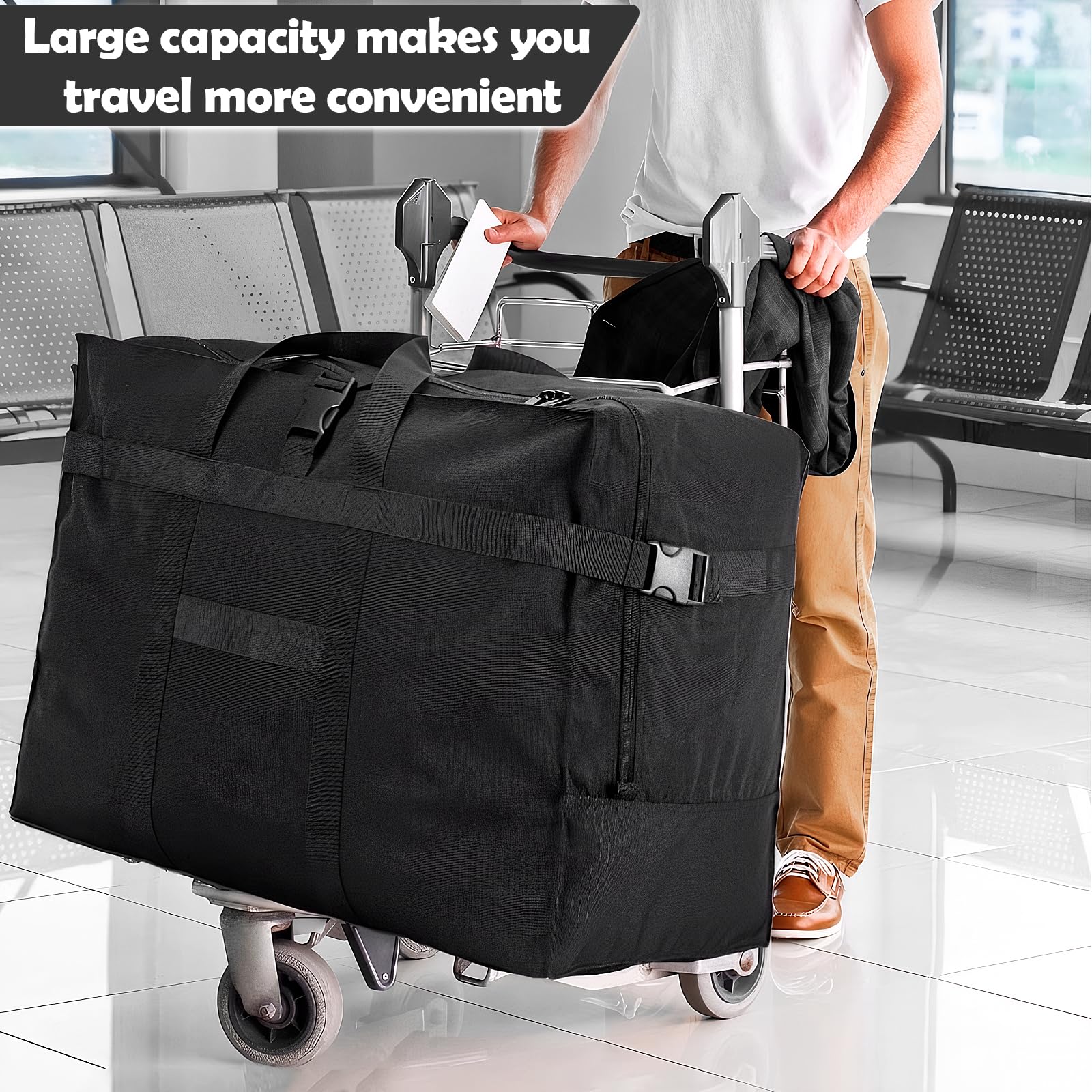 Borsa da Viaggio Pieghevole Extra Grande, Grande Capacità Borsa da Viaggio Duffel, Leggera e Impermeabile Sopra i Bagagli, per Compagnia Aerea, Viaggi, Campeggio, Traslochi, 70 * 35 * 48cm, Nero