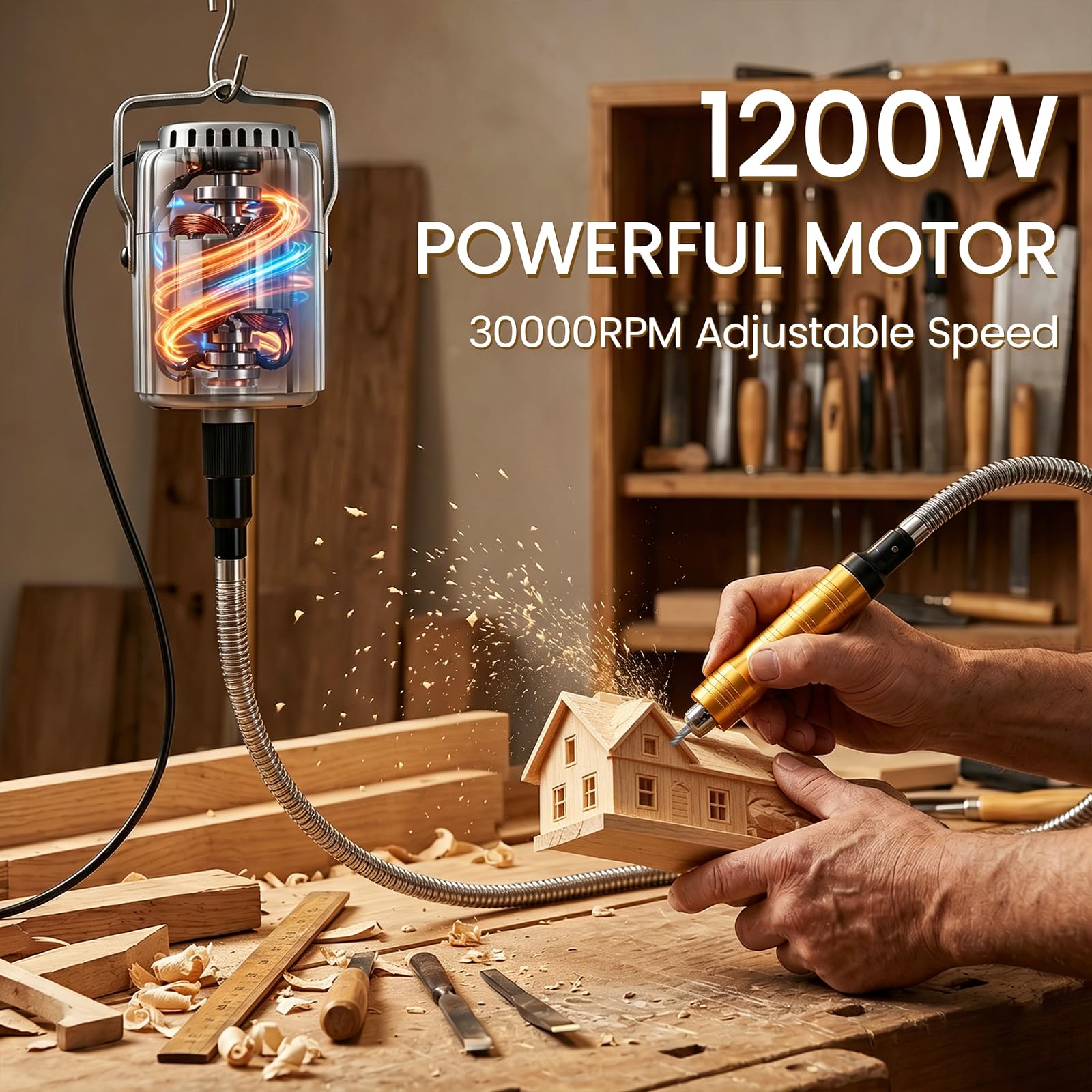 Herramienta giratoria de eje flexible de 1200 W, amoladora colgante de velocidad variable de 30000 RPM con 46 accesorios y pedal de pie, máquina eléctrica de tallado de eje flexible para madera, metal
