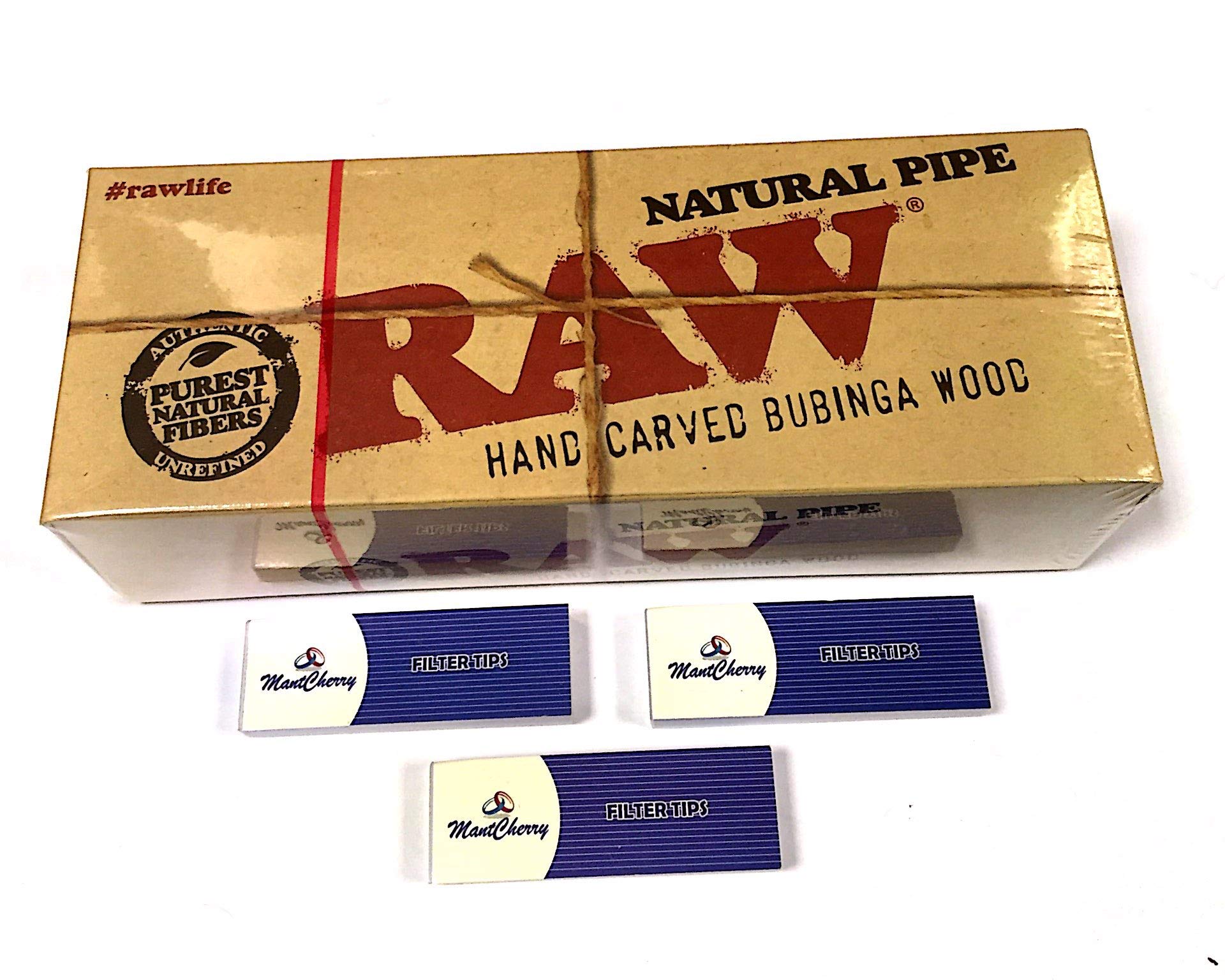 MontCherry Brand Tips and RAW Brand Uncoated Wooden Natural Smoking Pipe with Pouch Combo by Trendz