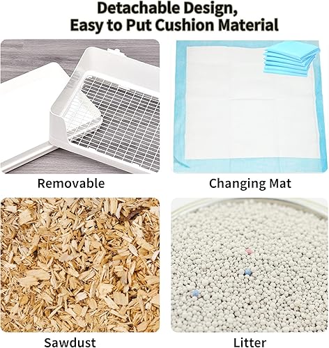 Fhiny Large Rabbit Litter Box for Cage, Plastic Guinea Pig Ltter Pan with 6 PCS Disposable Pee Pads Potty Trainer Corner Toilet Box for Bunny Guinea Pigs Ferrets Chinchillas Small Animals (White)(White)