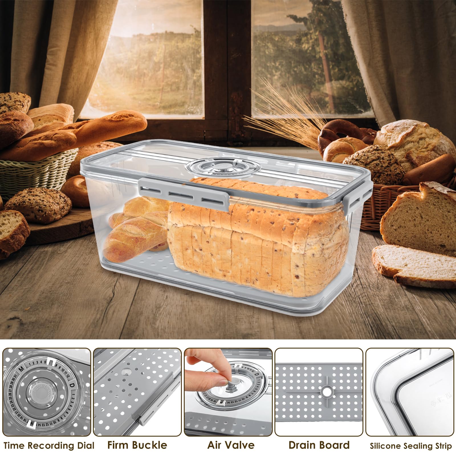 Acquista Contenitore Per Il Pane Per Il Ripiano Della Cucina, Contenitore Per Il Pane A Doppio Strato Con Finestre Trasparenti, Contenitore Per Il Pane Extra Grande, Stile Rustico Rustico In Legno Di - Foto 9