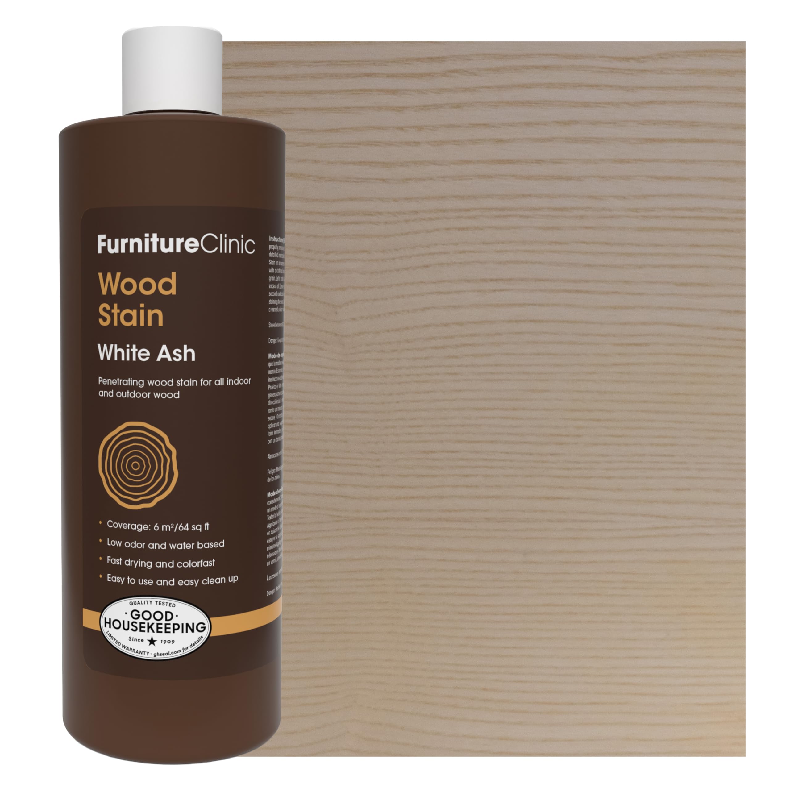 Furniture Clinic Wood Stain | White Ash | Water Based | Fast Drying, Low Odor, & Non-Toxic | for Indoor & Outdoor Furniture and More | Multiple Finishes | (17oz / 500ml)