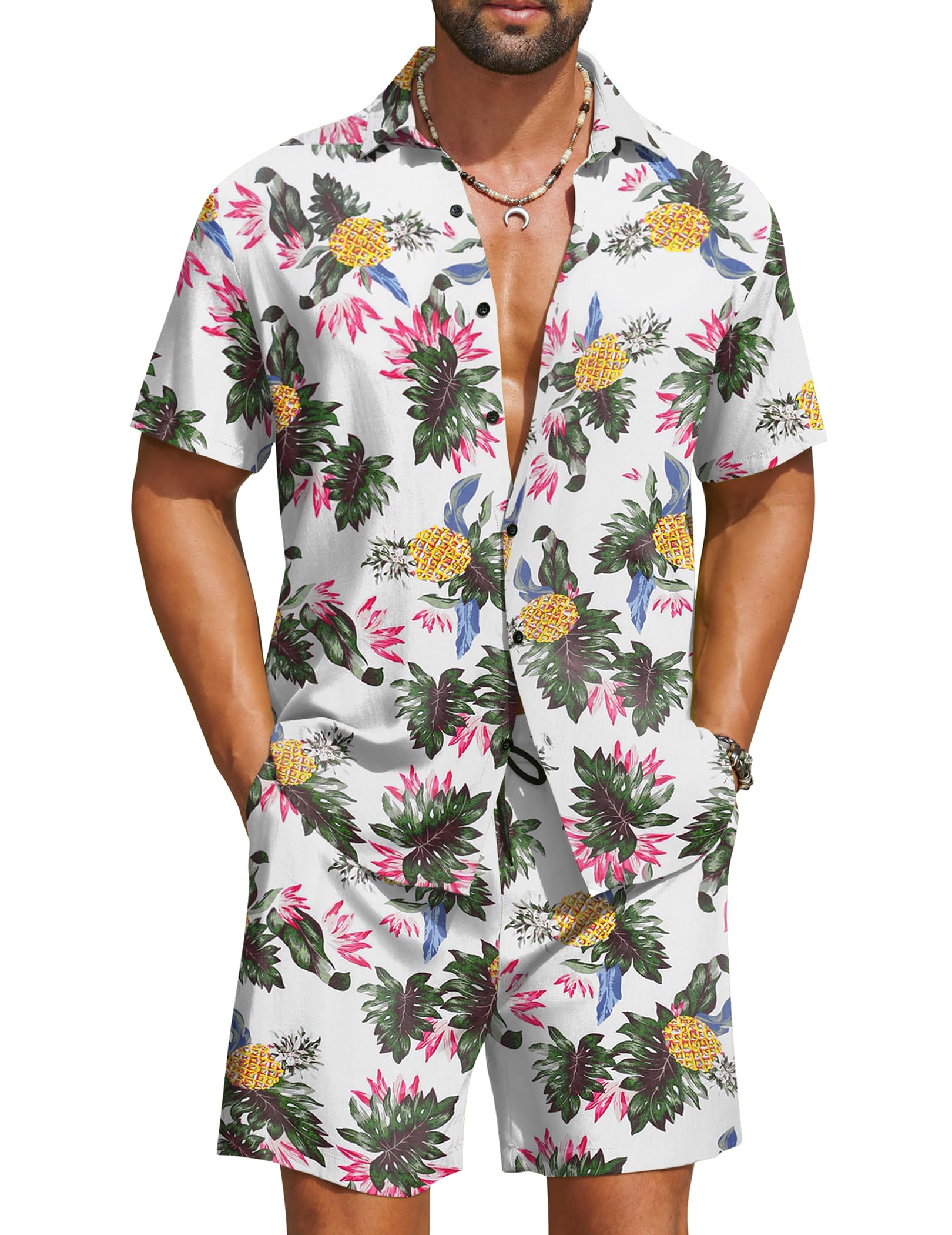 Men's Hawaiian Matching Set Summer Beach 2 Piece Outfits Flower Button Down Shirts and Shorts Vacation Outfits