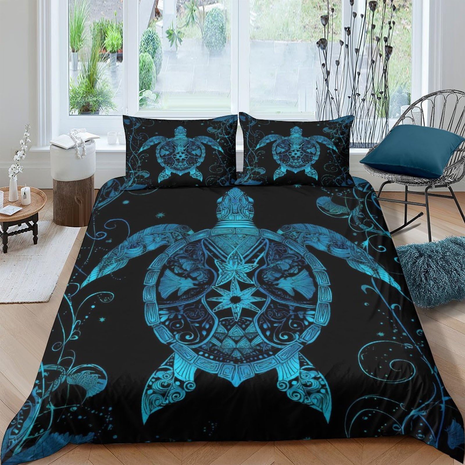 Ctjqhvkz Style-3 3D Printed Blue Turtle Fitted Sheet Microfiber Soft Bed Cover Ocean Mandala Mattress Cover Bedroom Decor Single（135X200cm）