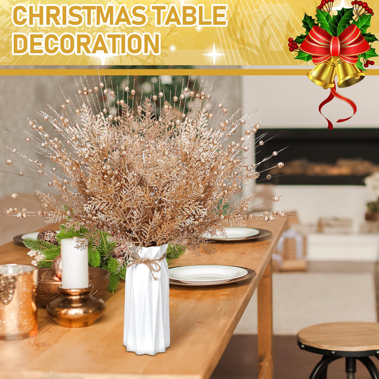 Daifunli Künstliche Tannennadeln mit Glitzer-Beeren, 43,2 cm, künstliche Stiele, Zweige, dekorative Perlenstäbe für Weihnachtsbaum, DIY, Kranz, Basteln, Vasenfüller, 50 Stück