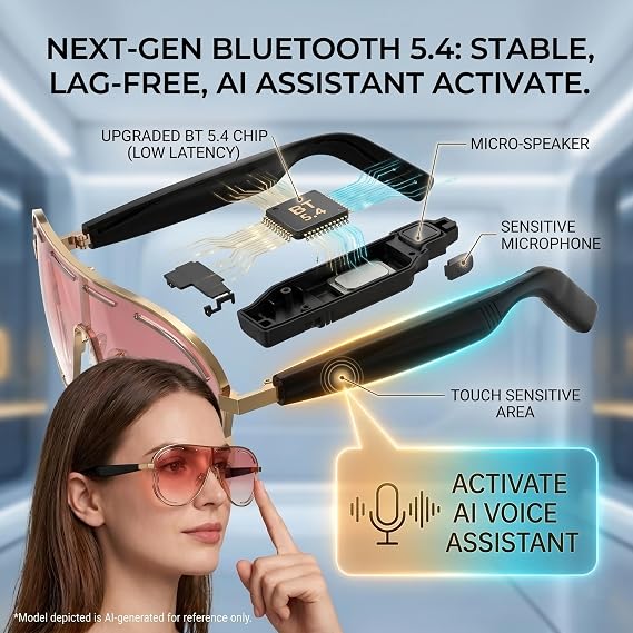 Smart Bluetooth 5.4 Sunglasses with Open-Ear Audio, Blue Light Blocking, UV Protection, Waterproof for Daily Wear