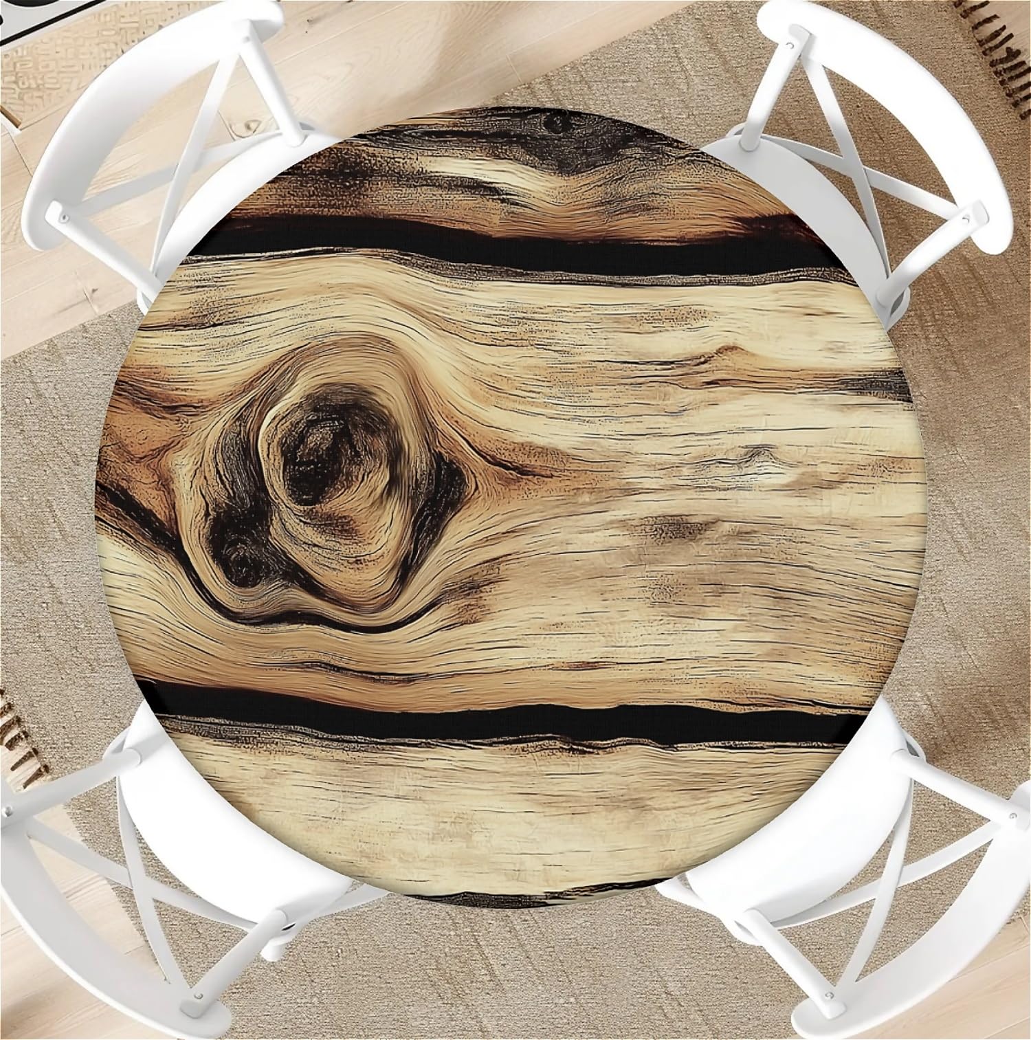 Round Tablecloth with Elastic Edge 44 Inch Waterproof Outdoor Fitted Table Cover for Dining, Kitchen, Party –Wood Grain Decorative Patterned Table Protector