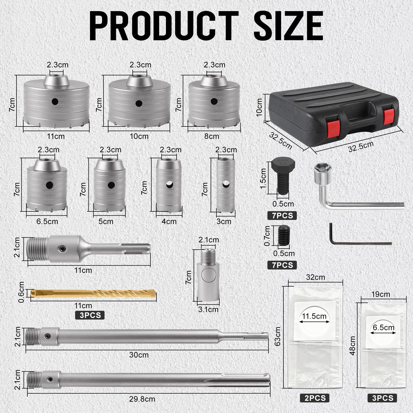 EXLECO Hohl-Bohrkrone Set 37-pk, Bohrkrone Steckdose, Kernbohrer 30mm 40mm 50mm 65mm 80mm 100mm 110mm, mit 110mm 300mm SDS Plus Verlängerung & SDS Max Zentrierbohrer, Dosenbohrer Steinbohrer