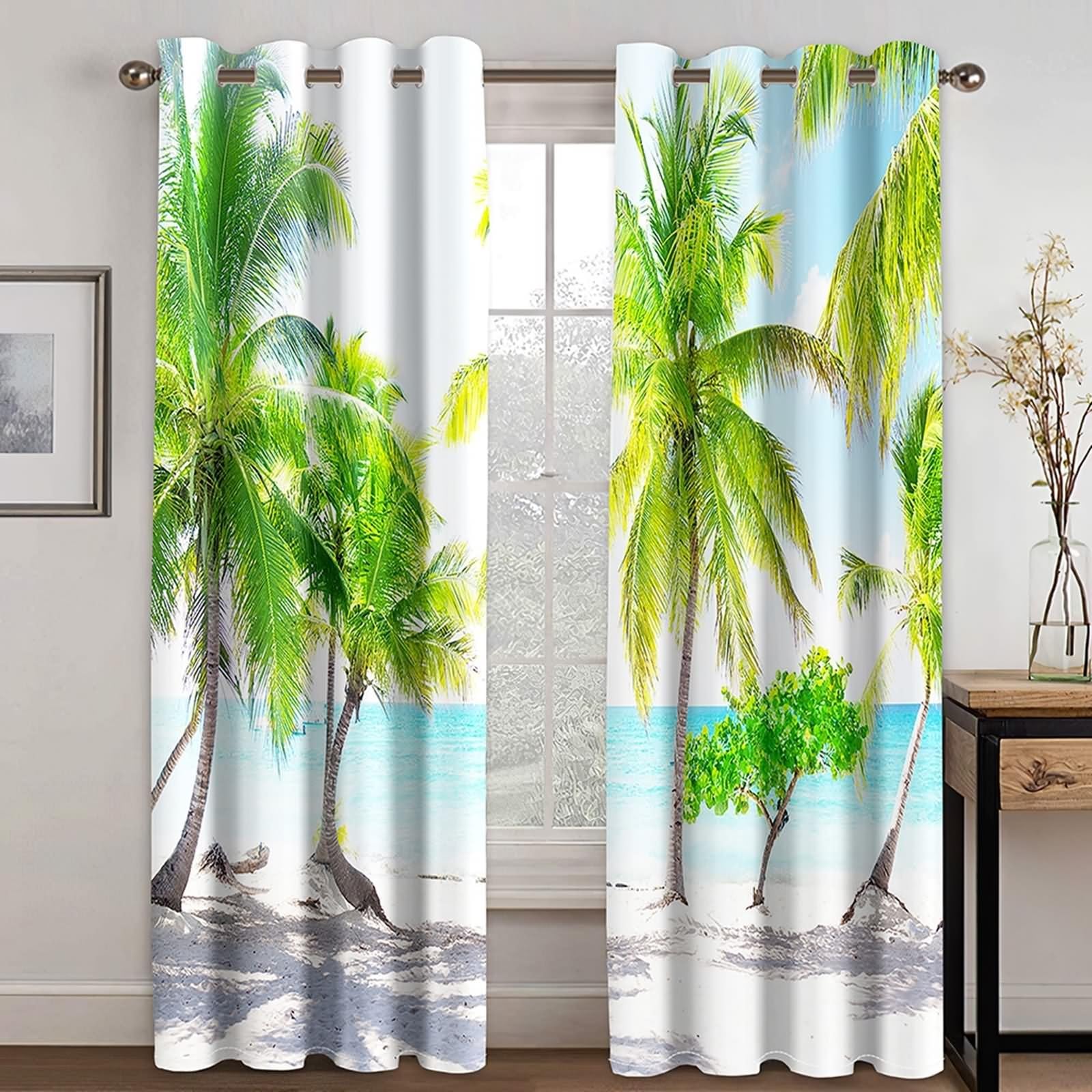 Zasłona okienna łazienkowa, zasłona do sypialni dla dorosłych zielona trawa plaża krajobraz i drzewo kokosowe poliester zestaw 2 szt 274 x 274 cm
