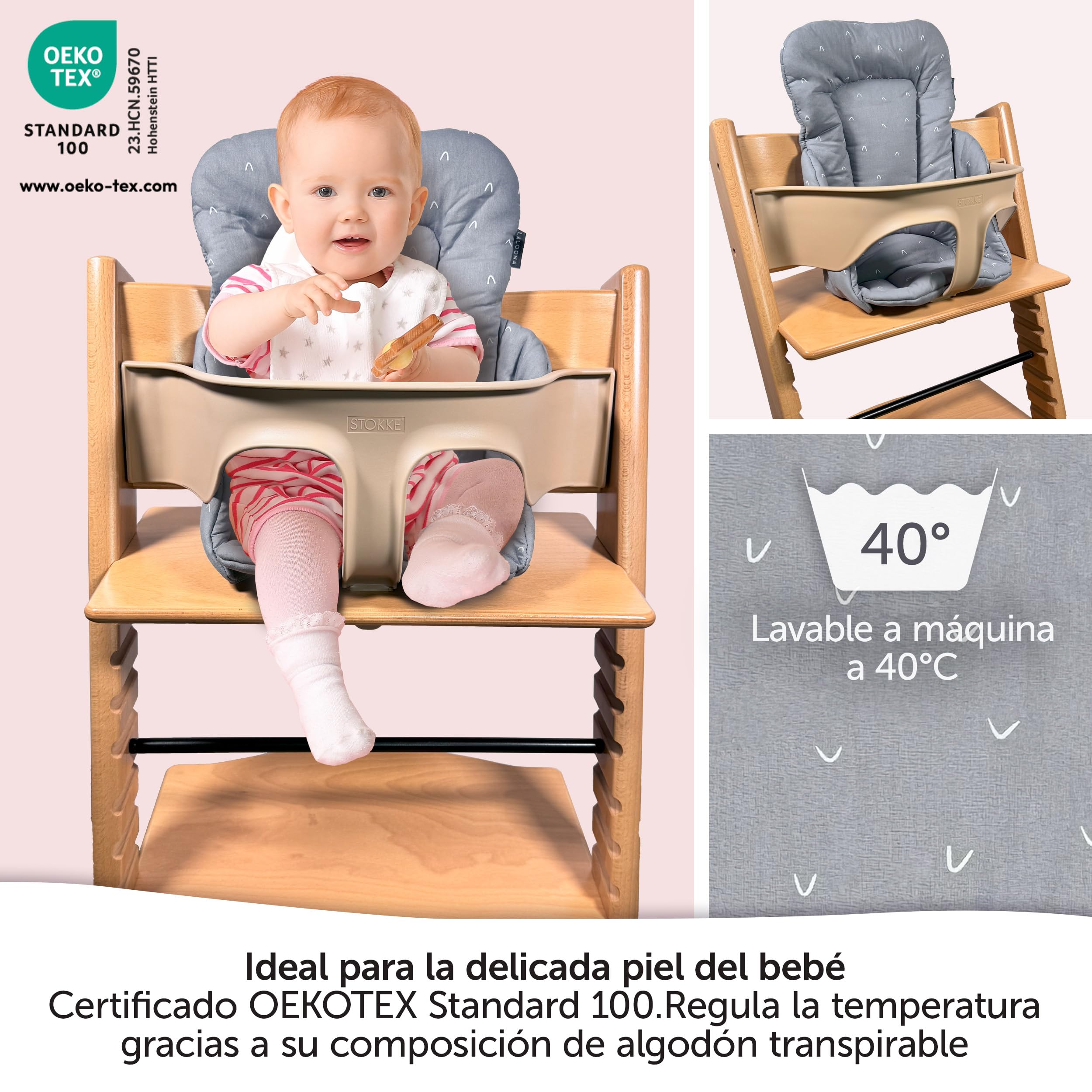 LaLoona Reductor para Trona Bebe Stokke Tripp Trapp, Cojin Trona Madera Algodón, Reductor de Asiento para Trona Evolutiva OEKO-TEX 100, No Irrita la Piel, Lavable - Gris