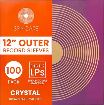 SPINCARE 100x 12 Inch Crystal Standard Outer Vinyl Record Sleeves | Crystal Clear Covers for Single Double Albums & LPs | Acid-Free Protective Plastic Sleeves | Clean & Crisp Polypropylene