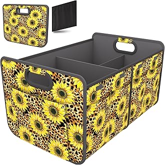 Homeve Trunk Organizer, Car Storage, Reinforced Handles, Collapsible Multi-Compartment Car Organizers, Foldable, Waterproof, 600D Oxford Polyester (Sunflower Leopard Print, 2 Compart)