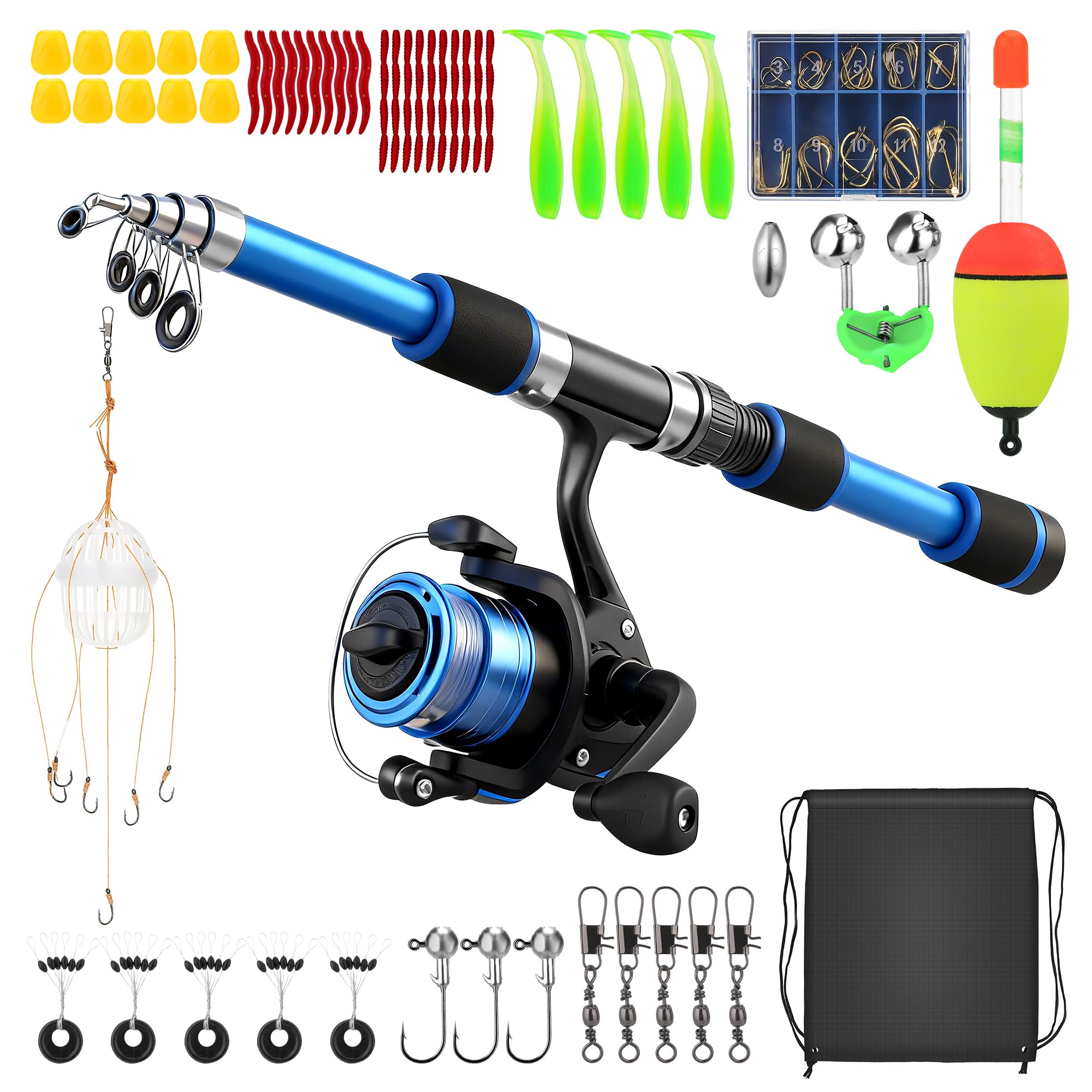 Canne a Peche Enfant, Kit de Canne a Peche Telescopique et Moulinet Portable, Canne à Pêche avec Leurres Souples, Fil, Hameçons et Sac de Rangement, Jouet Exterieur Enfant pour Débutants