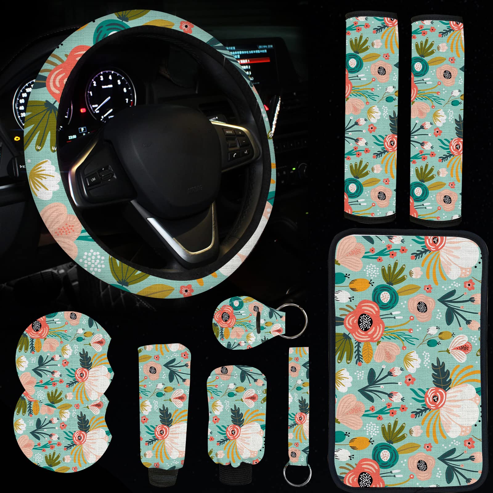 JINGSEN 10PCS Car Seat Cover Set,Steering Wheel Cover (mint)