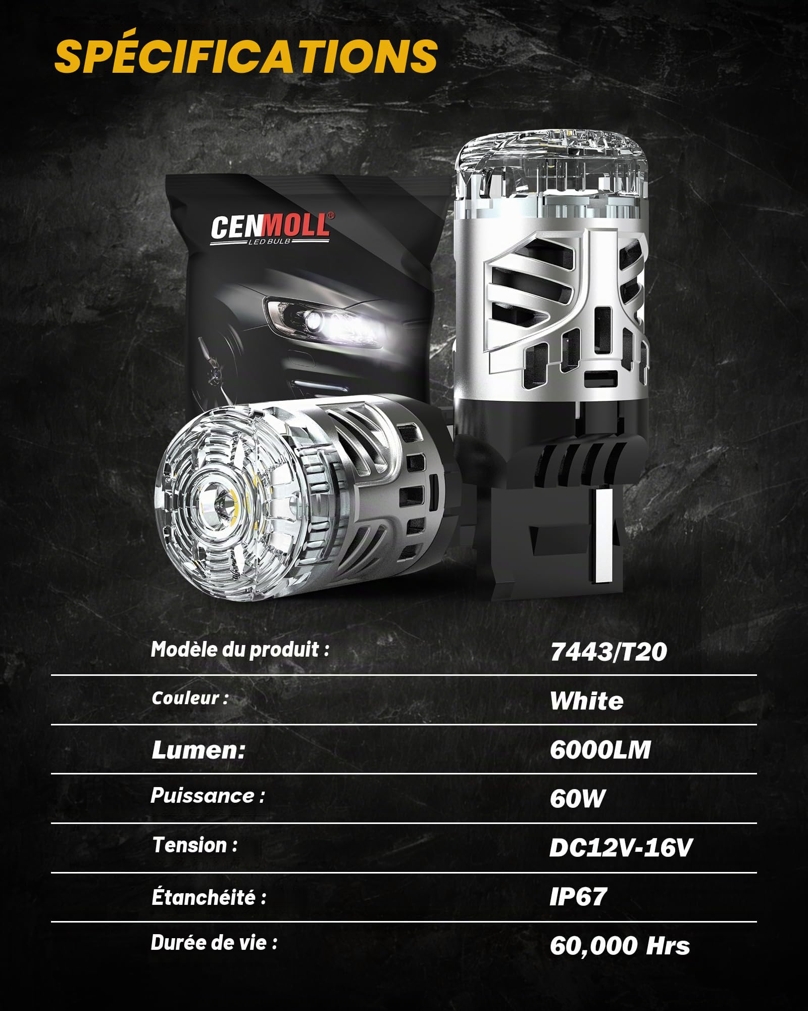 Ampoule 7443 W21/5W blanche, ultra-lumineuse (600%), 6 000 lumens, 12 V, sans erreur CAN-Bus. Ampoule LED W21/5W 7443 pour feux de recul, feux de stationnement et feux de jour, lot de 2