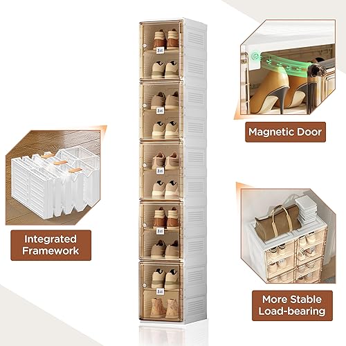 Miniatura 10 de ANTBOX Caja de almacenamiento organizadora de zapatos, zapatero plegable portátil para armario con puerta transparente magnética, contenedores