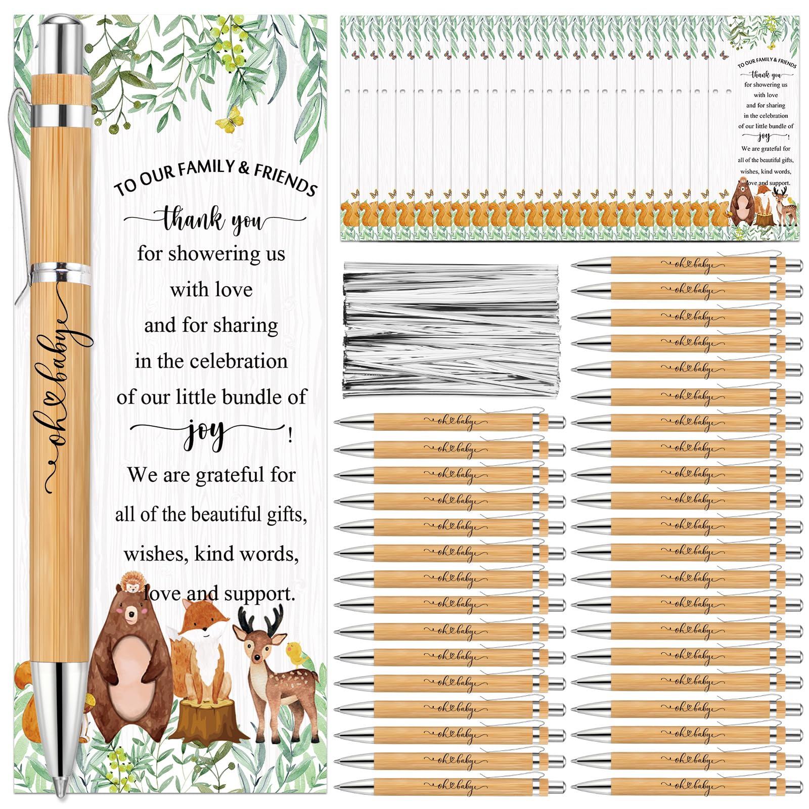Zhanmai 50 Sets Woodland Animals Baby Shower Favors Include Bamboo Pens and Thank You Cards Cable Ties Woodland Baby Shower Party Decoration Gender