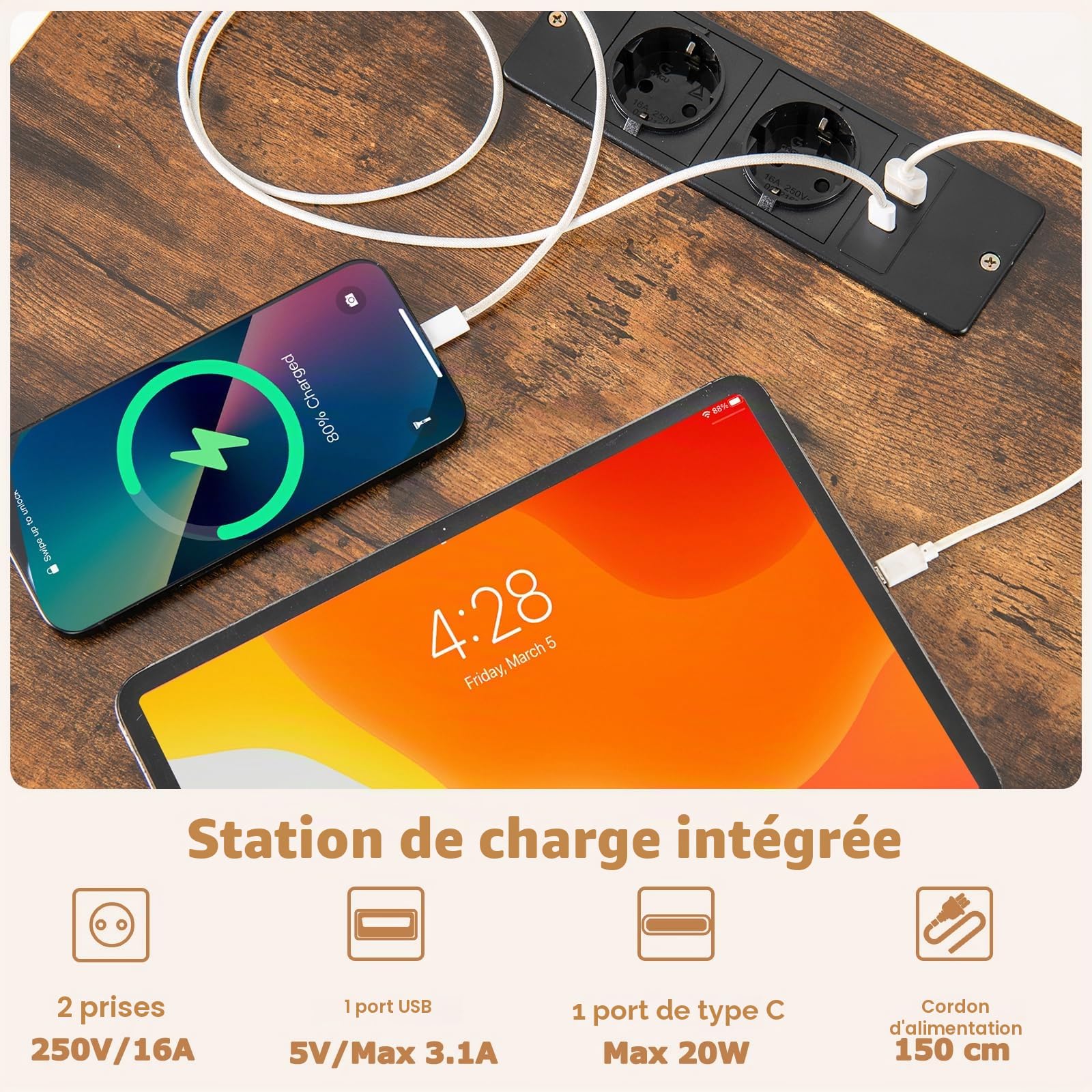 KOMFOTTEU Meuble Platine Vinyle avec Station de Charge, Support de Tourne-Disque avec Séparateurs Amovibles, Meuble Tourne-Disque, Cadre en Métal, 50 x 45 x 82 cm, Style Industriel