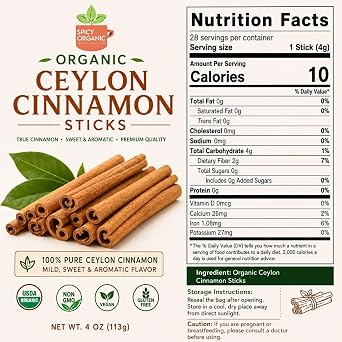 SPICY ORGANIC Ceylon Cinnamon Sticks 8 oz True Cinnamon Quills from Sri Lanka, 3.5 Premium Ceylon Cinnamon, USDA Certified Organic, Perfect for Recipes, Crafts & Holiday Drinks Cinnamomum Verum