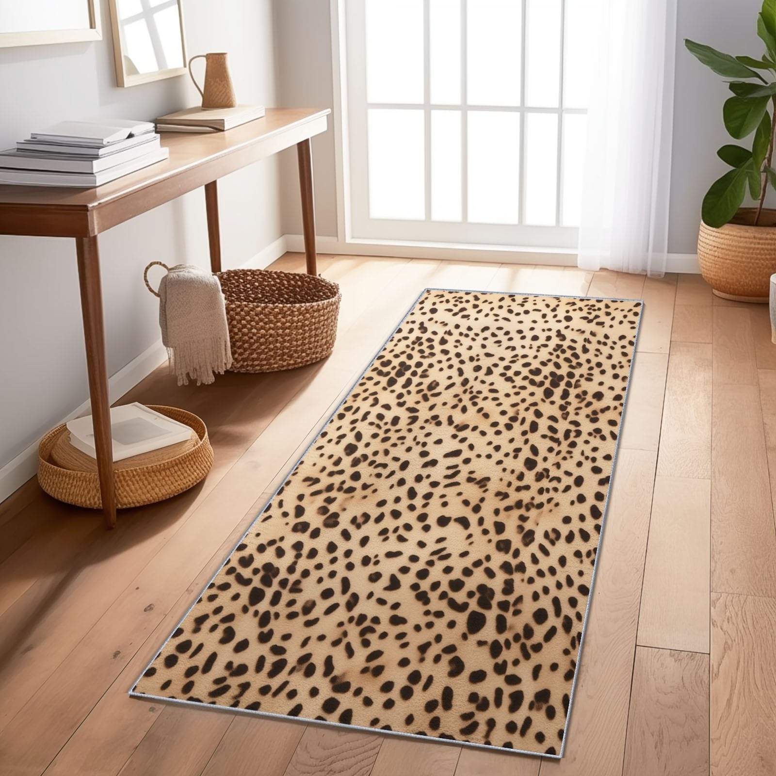 Runner Rug for Hallway Non-Slip - 60 x 180 cm Washable Rug for Living Room Bedroom Laundry Room, Minimalist Animal Leopard Print Low Pile Non Shedding Long Entryway Carpet Tan