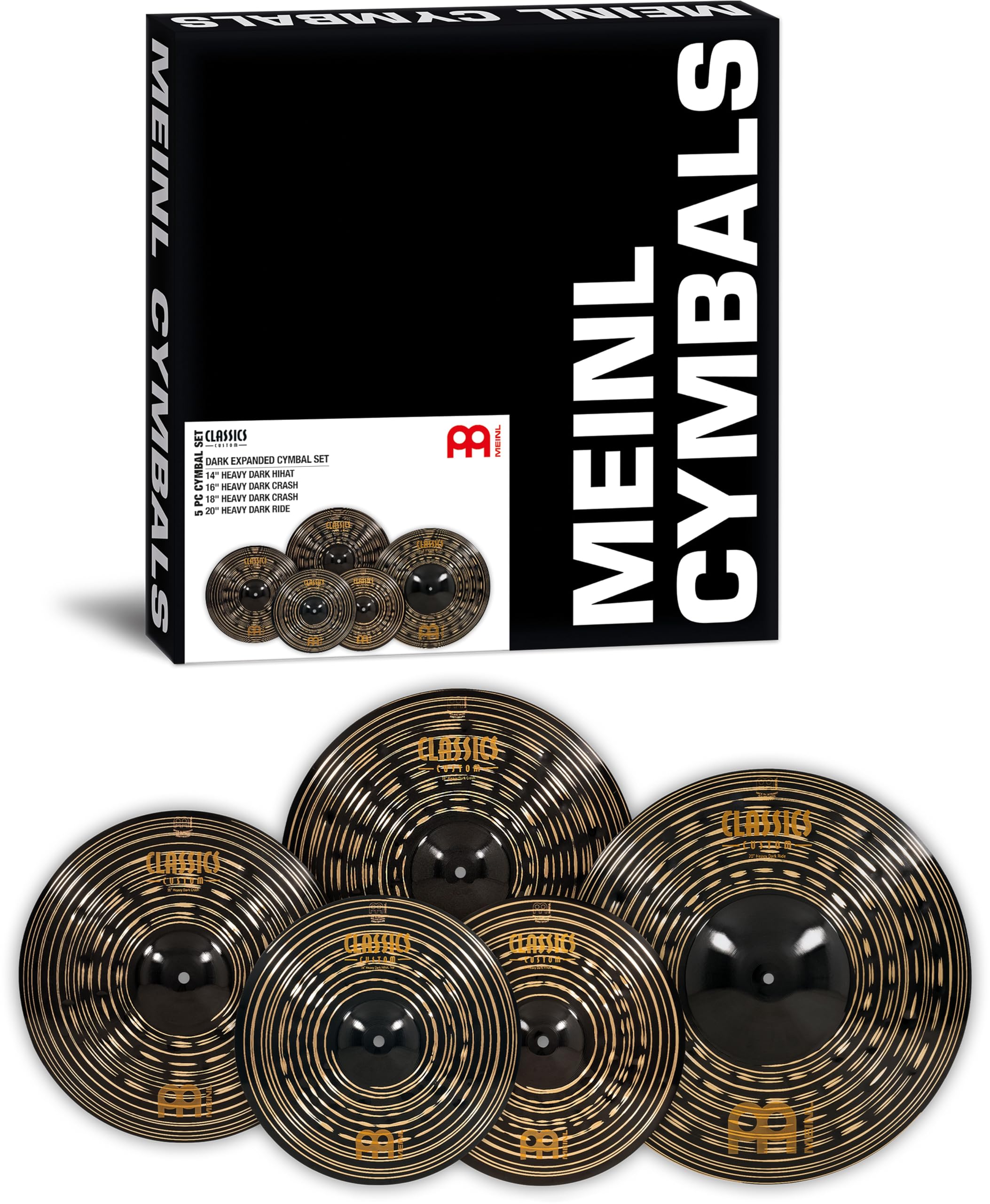 Meinl Cymbals Classics Custom Dark Expanded Cymbal Set — with 14 Inch Hi-Hat, 2 Crash Cymbals and Ride Drum Cymbal — B12 Bronze, Dark Finish (CCD-CS4)