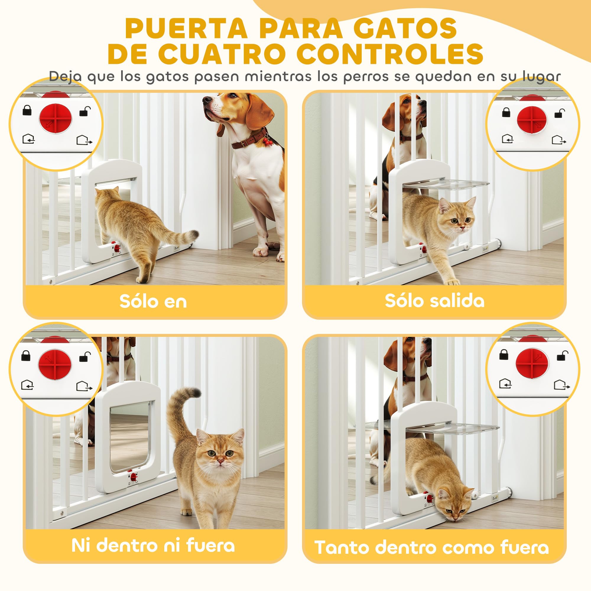 PawHut Barrera de Seguridad para Perros Extensible Puertas 75-85 cm Blanco | Para Escaleras, Barrera para Perros con Puerta Pequeña, Montaje a Presión, Doble Bloqueo