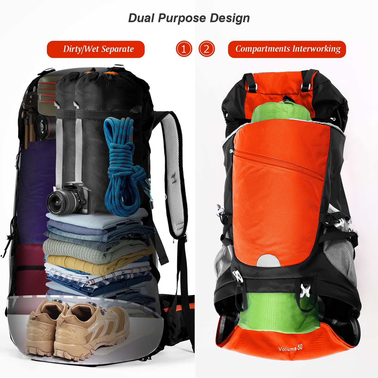 HOMIEE Plecak trekkingowy 50L 60 l Plecaki turystyczne Lekki plecak Camping Mountain Travel z osłoną przeciwdeszczową Wodoodporny plecak wspinaczkowy