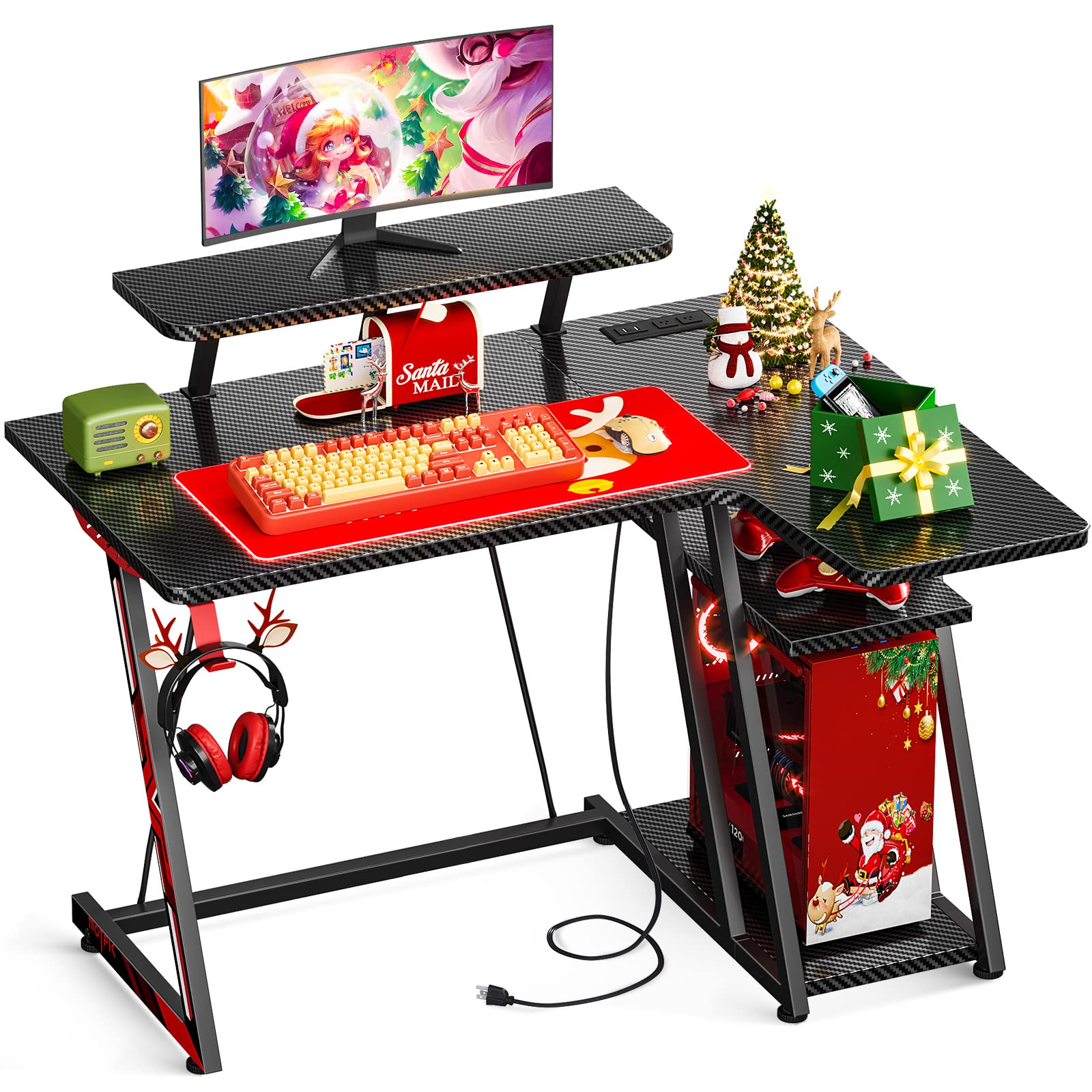 MOTPK Gaming Desk L Shaped, Small Corner Desk with Storage Shelf