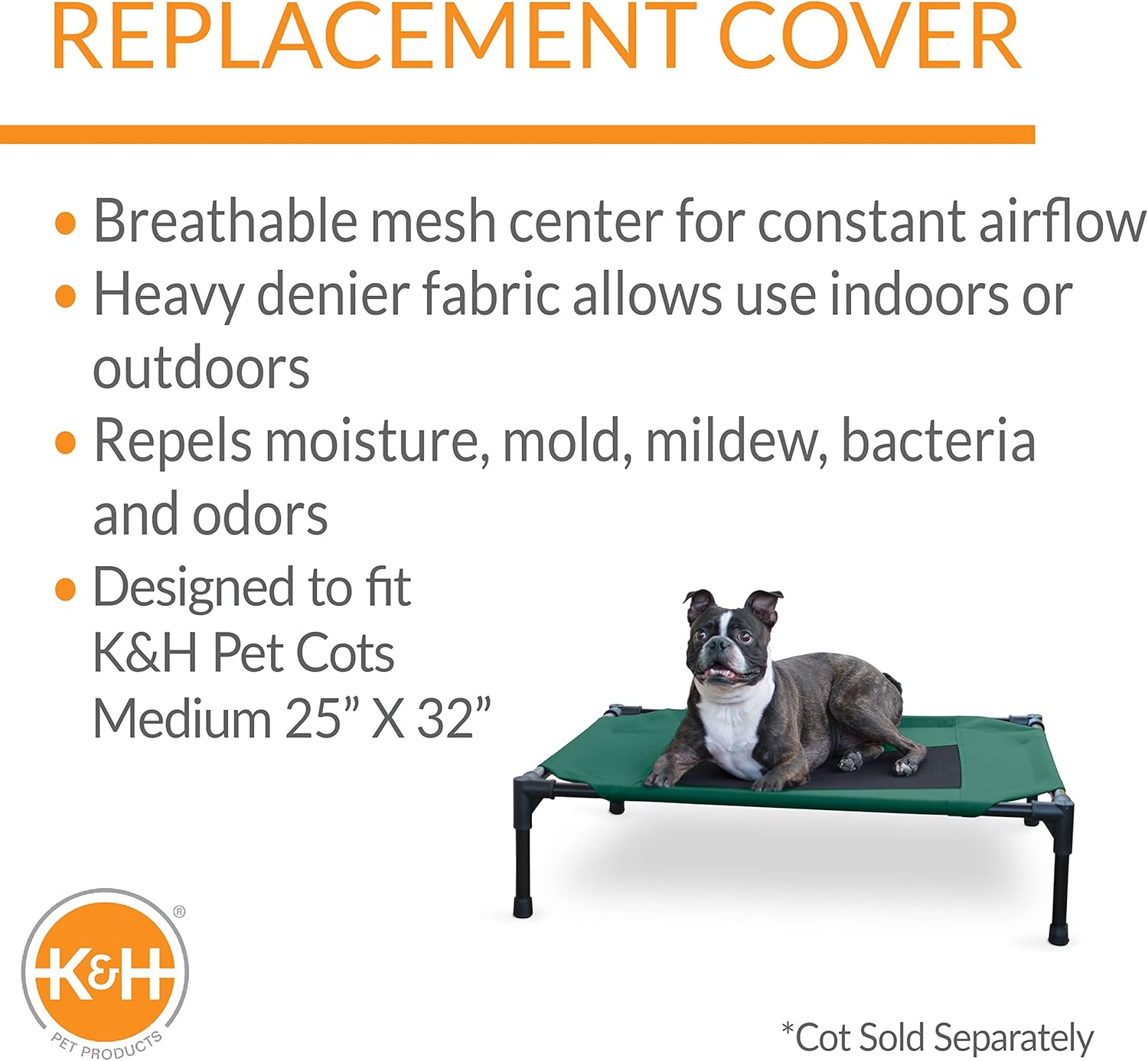 K&H Pet Products Original Pet Cot Replacement Cover (Cot Sold Separately) Green/Black Medium 32 X 25 Inches