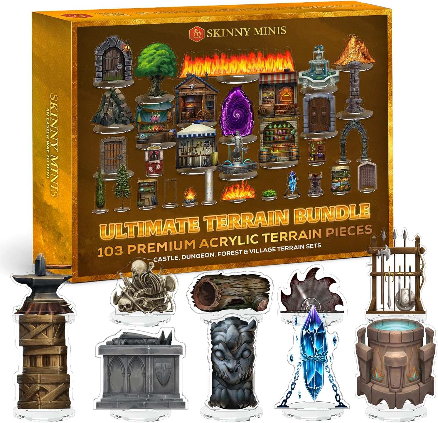 Skinny Minis Ultimate Terrain Bundle, 103 Acrylic Terrain Pieces for Dungeon Masters TTRPG, Tabletop Game, DND Compatible, Dungeon, Forest, Castle and Village Terrain Miniatures