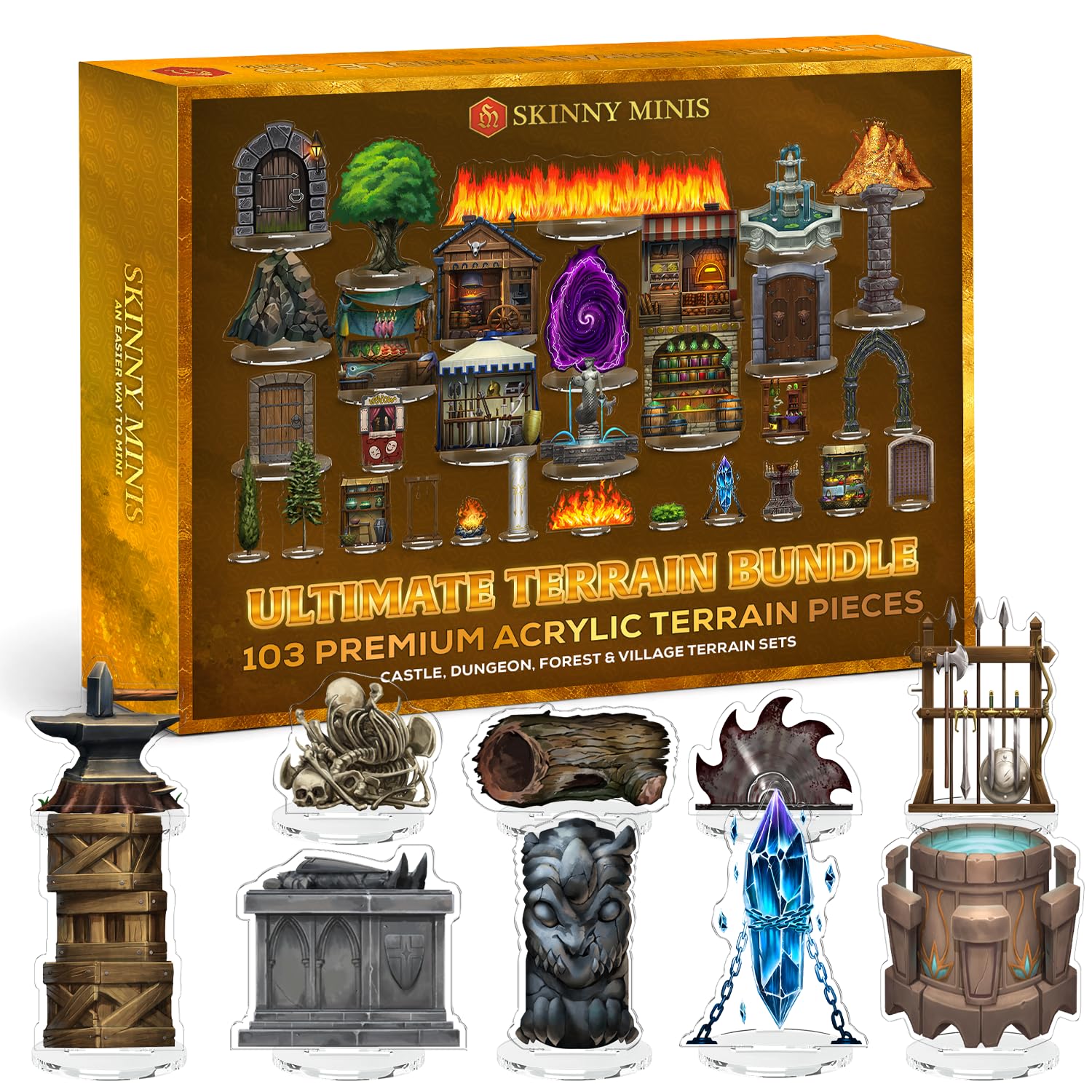 Skinny Minis Ultimate Terrain Bundle, 103 Acrylic Terrain Pieces for Dungeon Masters TTRPG, Tabletop Game, DND Compatible, Dungeon, Forest, Castle and Village Terrain Miniatures