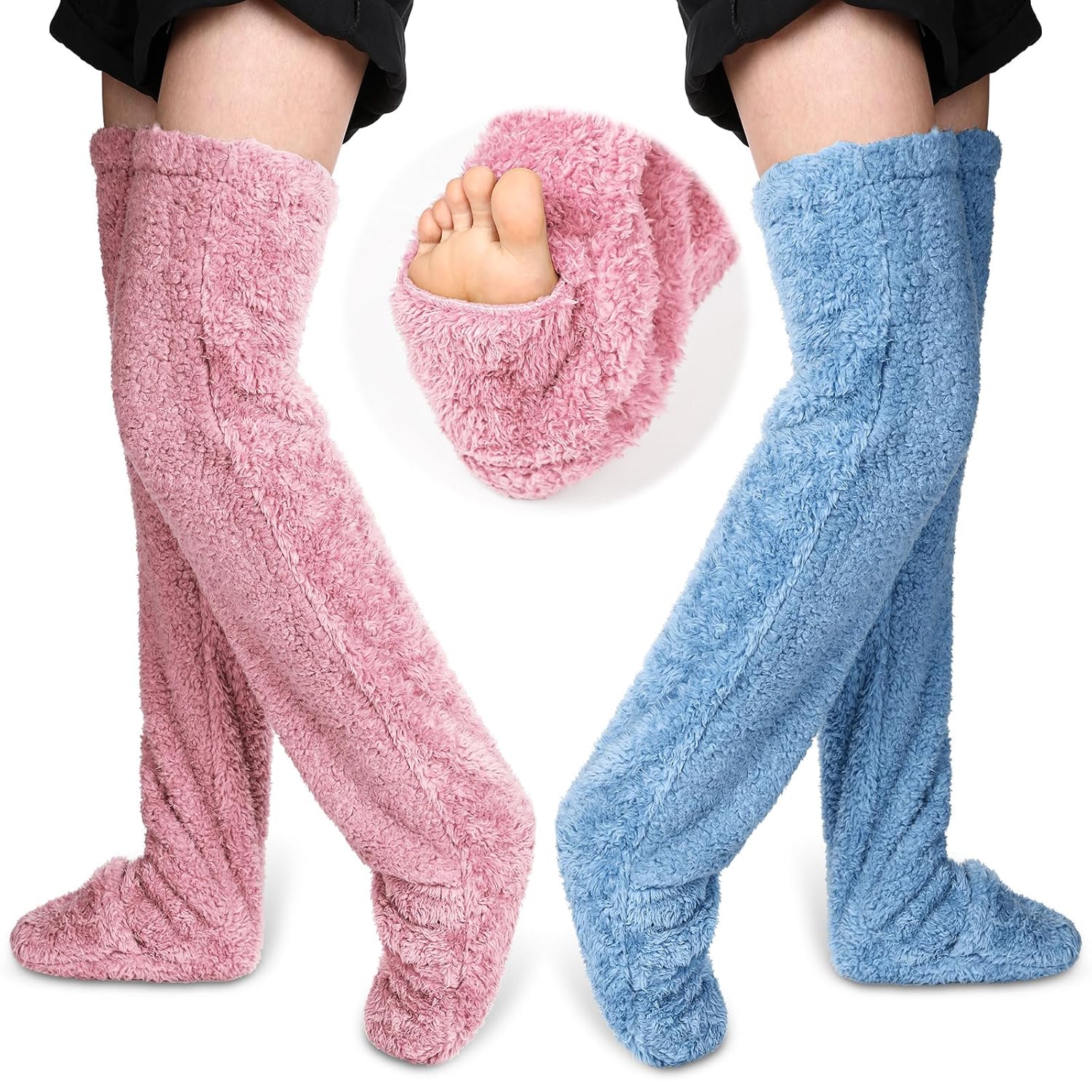 Vicenpal 2 Pairs over Knee Fuzzy Socks Leg Warmers for Women Thigh High Fuzzy Slipper Home Winter Leg