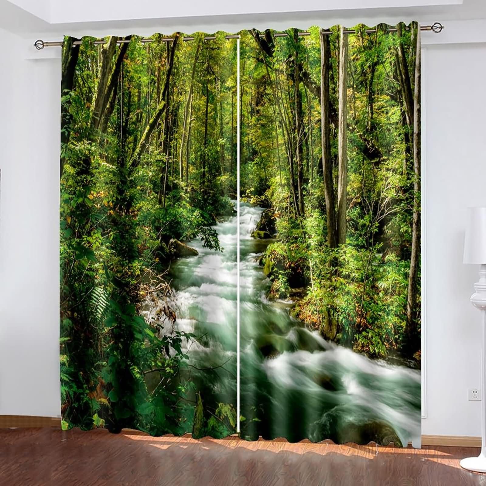 Homxi Kitchen Curtains Blackout 2 Panel Set,2 x 84W x 72H in,Window Drapes with Grommet Wood and Stream Landscape Green Kitchen Curtains Thermal