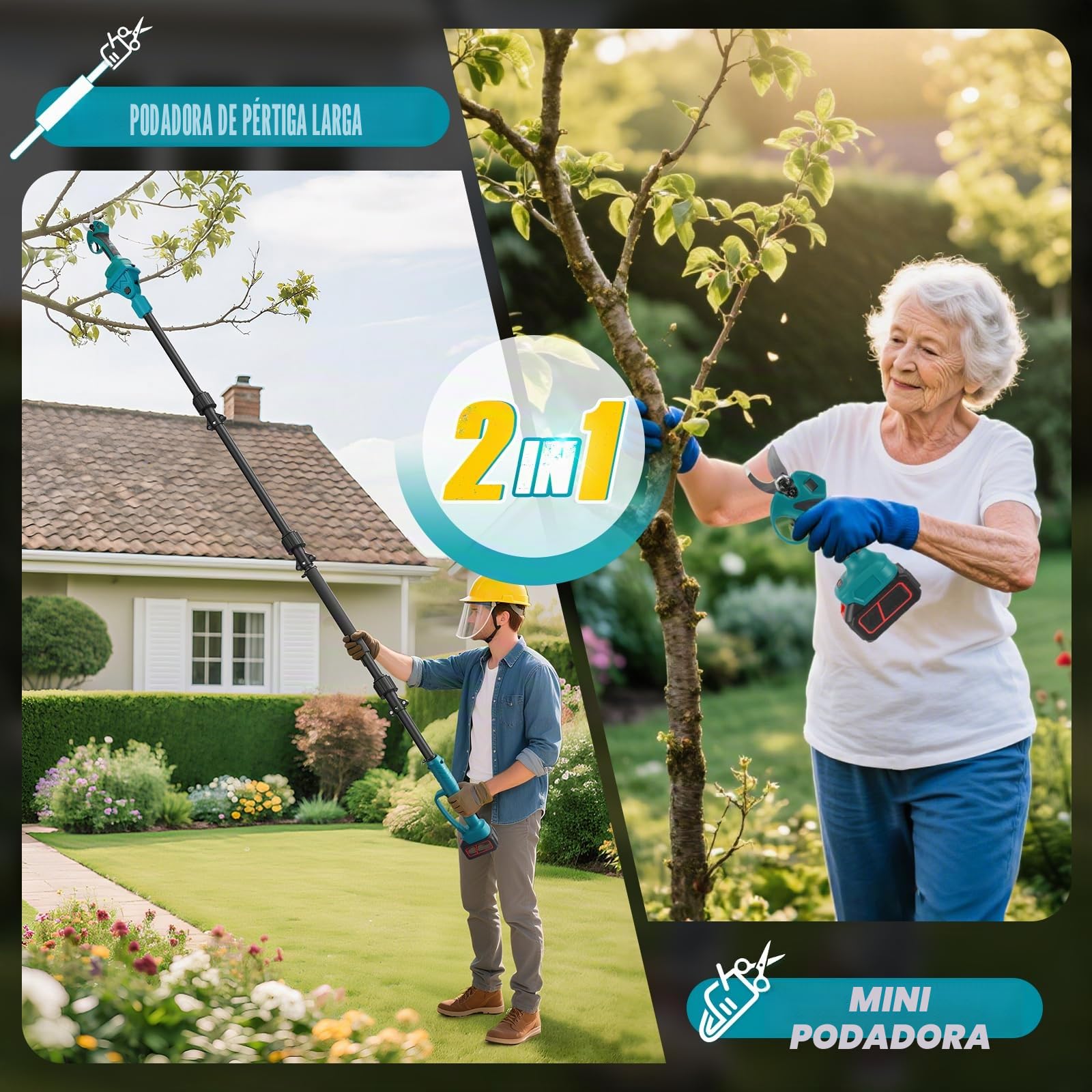 2 en 1 Tijeras de Podar Electricas con Pértiga, Tijeras de Podar Bateria, con 2 x 3000mAh Baterías, Podadora Electrica Bateria para Jardinería, Árboles Frutales