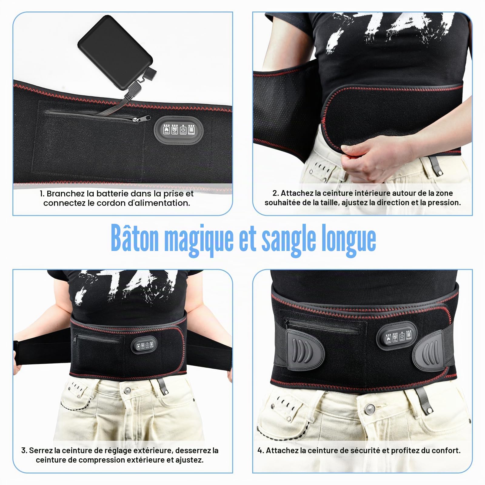Ceinture Chauffante Lombaire avec 3 Modes de Massage et 3 Niveaux de Température, Timer pour Soulager les Douleurs Lombaires et Abdominales