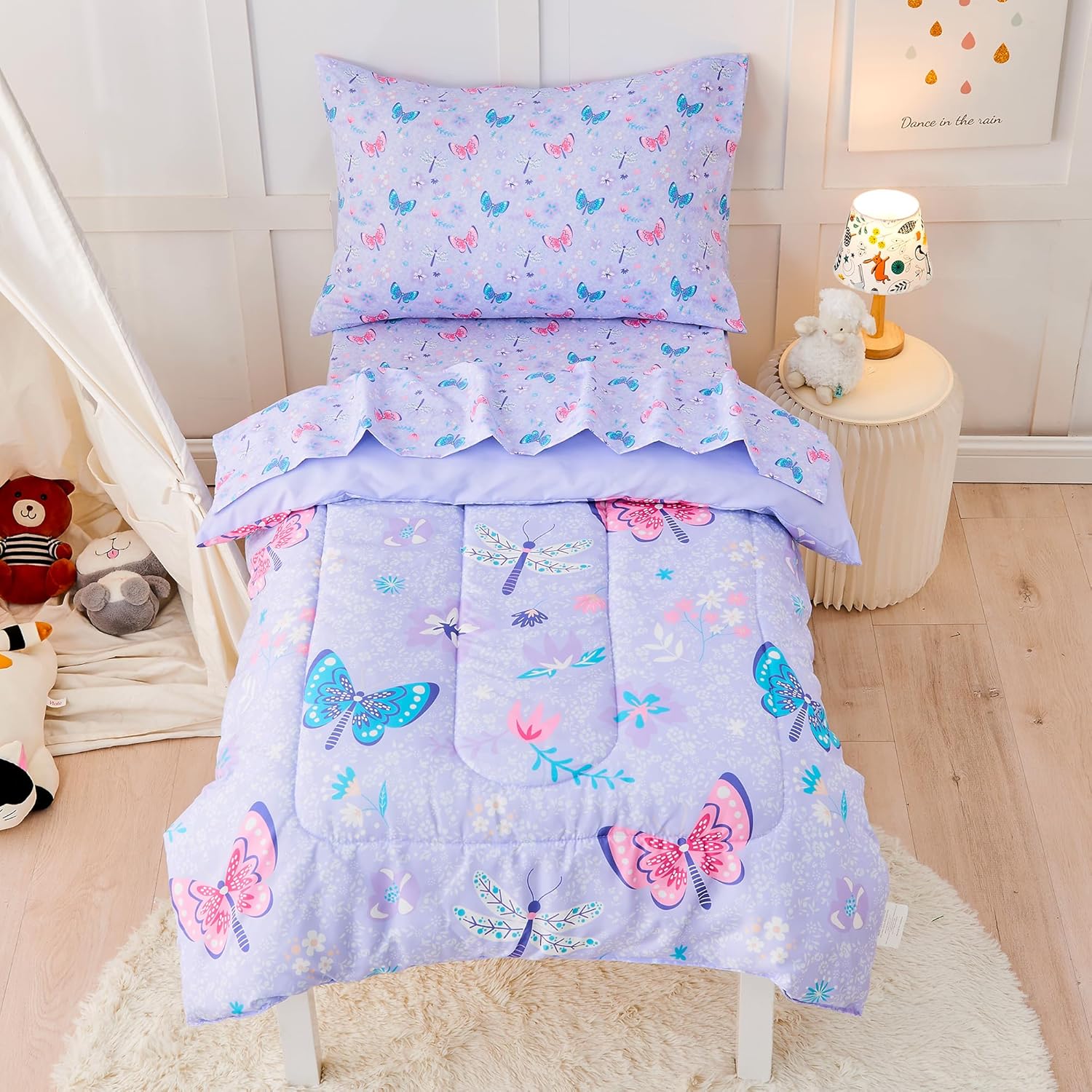 Butterfly Toddler Bedding Set for Girls, 4 Piece Bed-in-a-Bag Toddler Comforter Sets, Super Soft Comforter Sheet Set and Comfortable Microfiber Toddler Bed Set Purple Butterfly